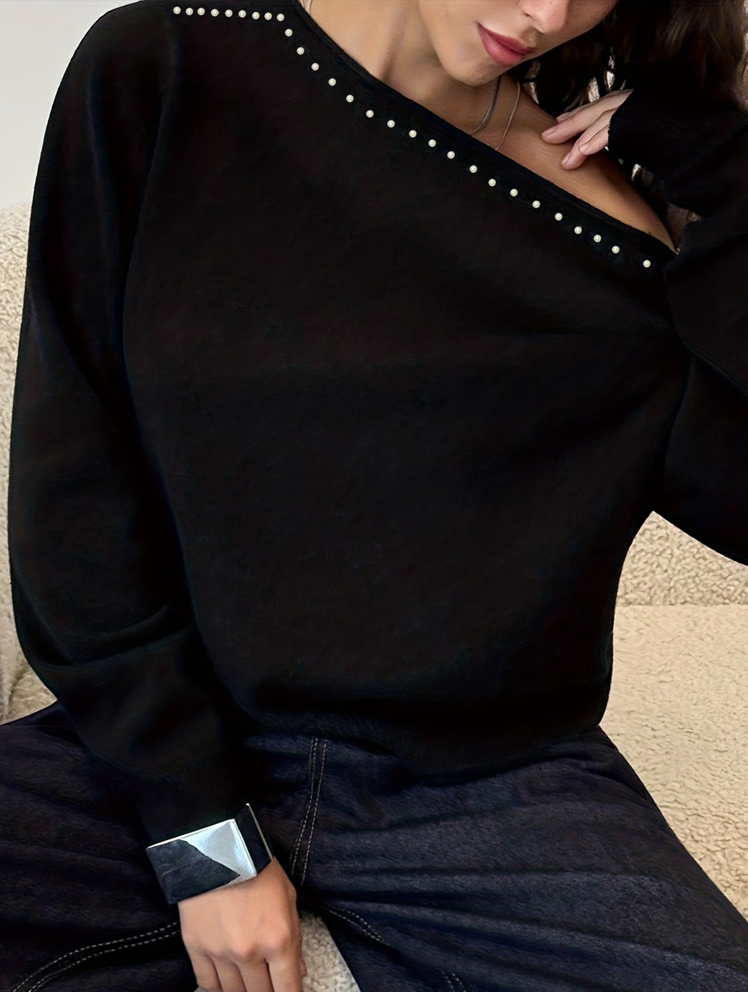 Riveted, one-shoulder long-sleeved knit sweater