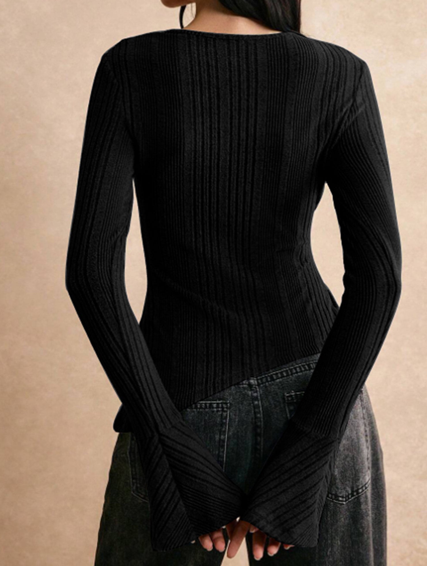 Patchwork long-sleeved button T-shirt