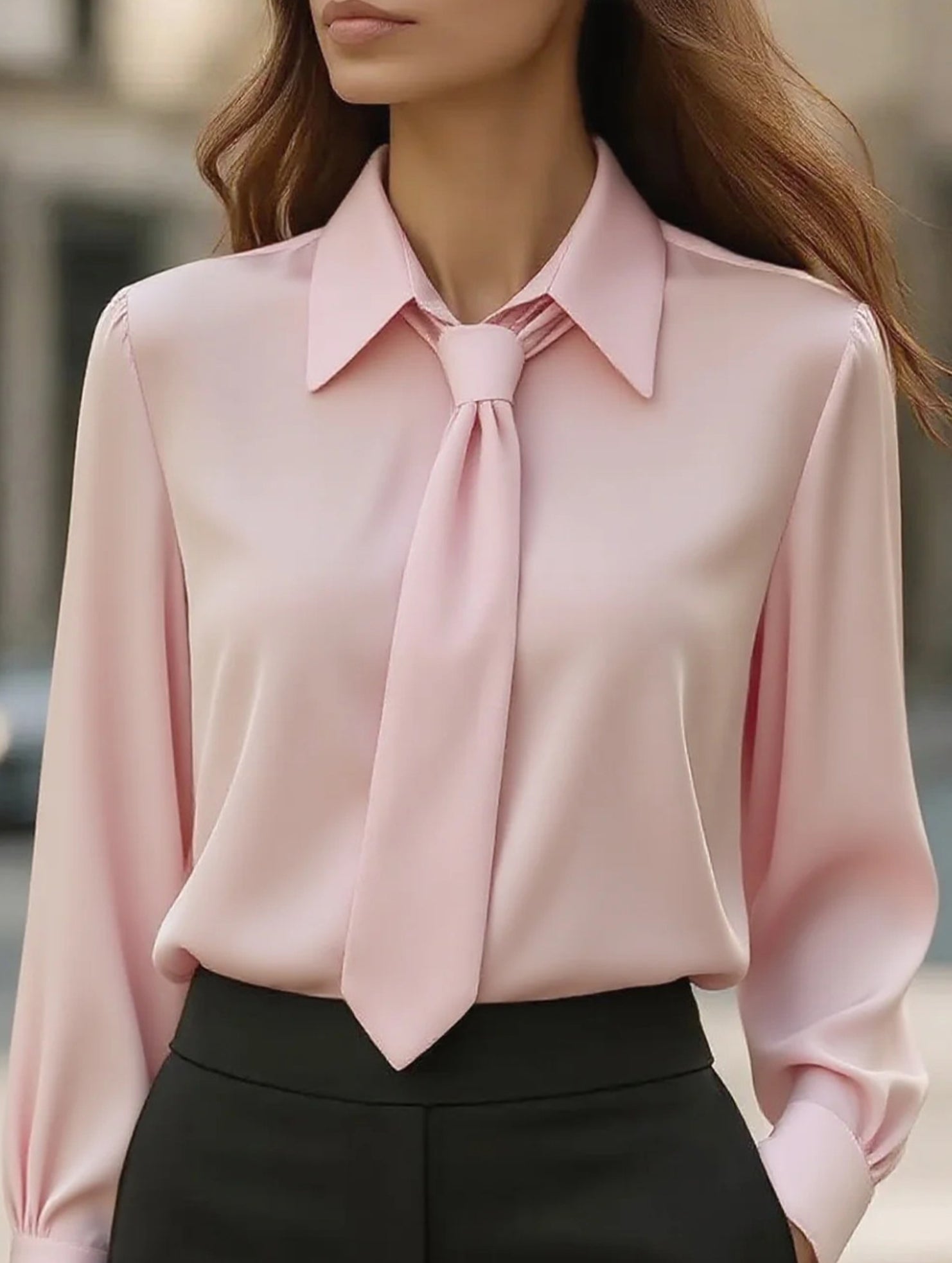 Solid color casual tie long-sleeved shirt