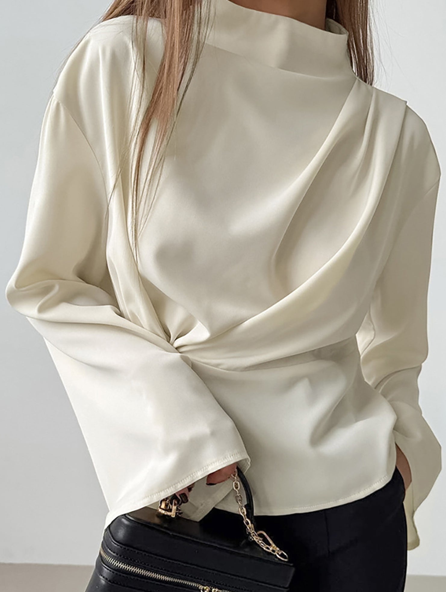 Waist-cinching long-sleeved slit shirt