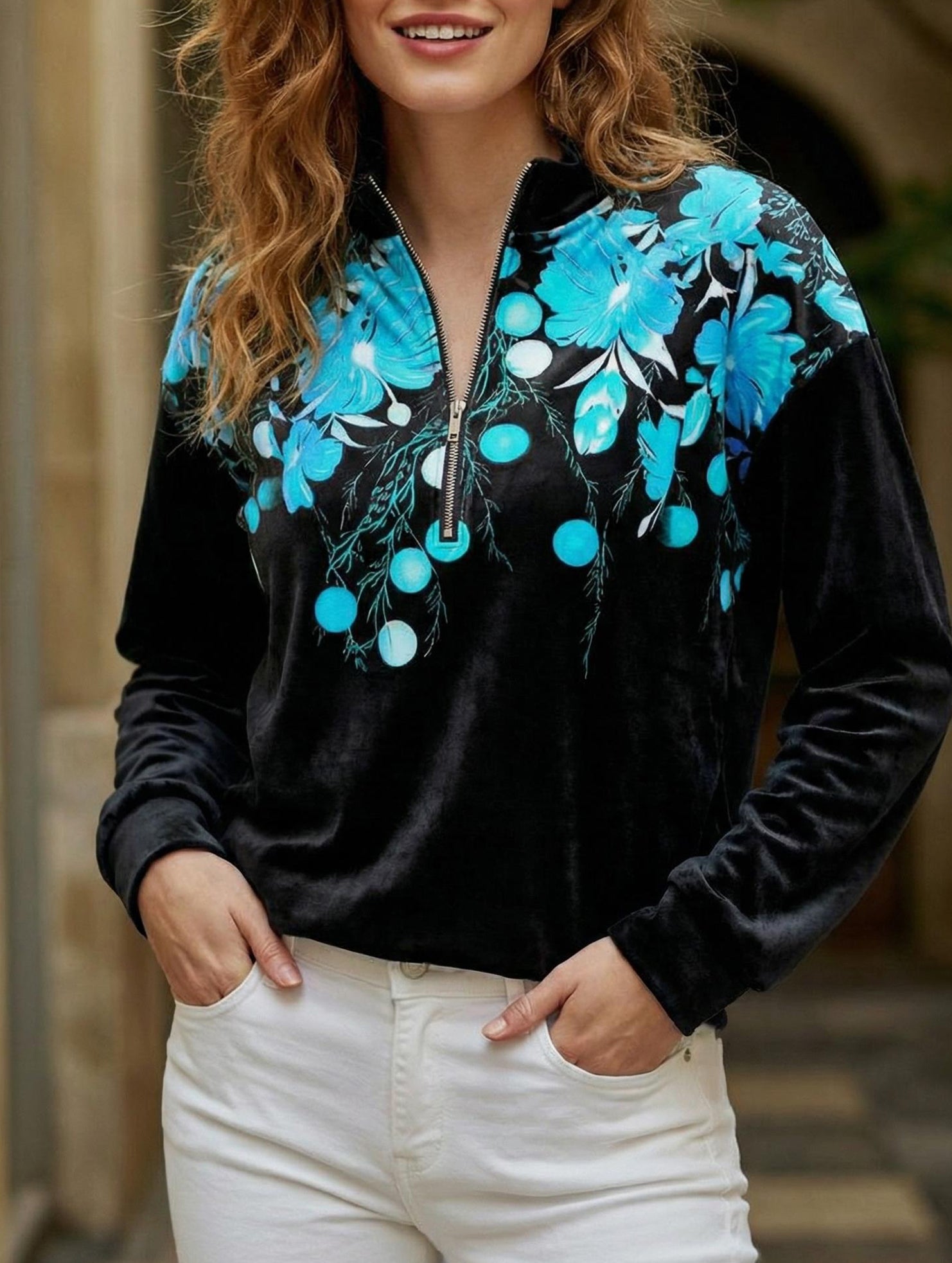 Color-blocked loose V-neck sweatshirt