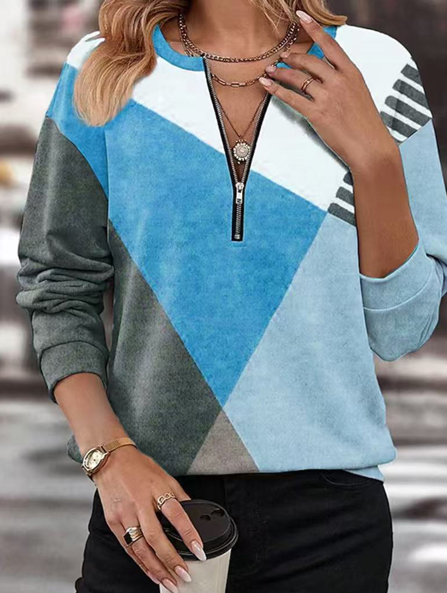 Color-blocked loose V-neck sweatshirt