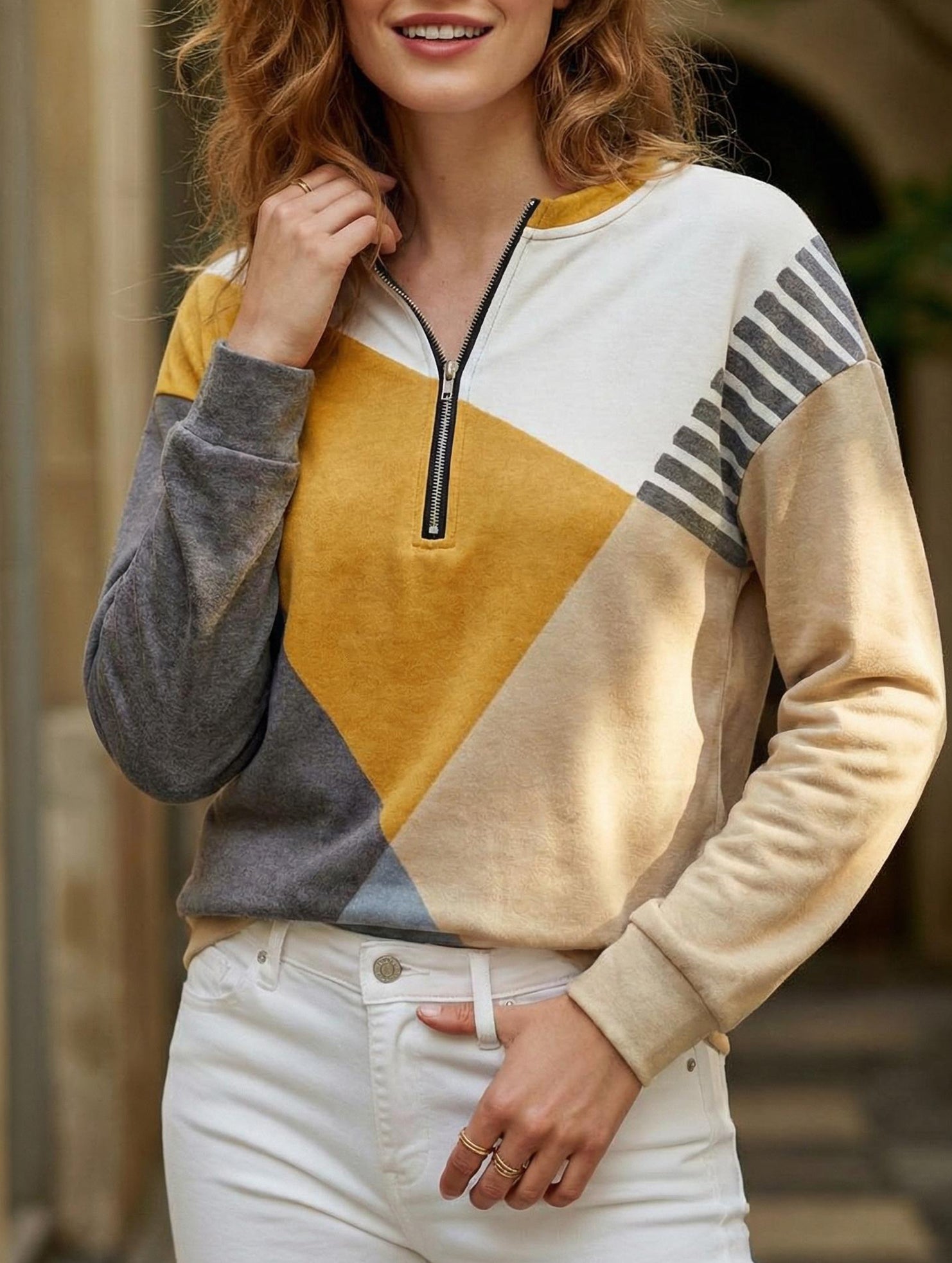 Color-blocked loose V-neck sweatshirt