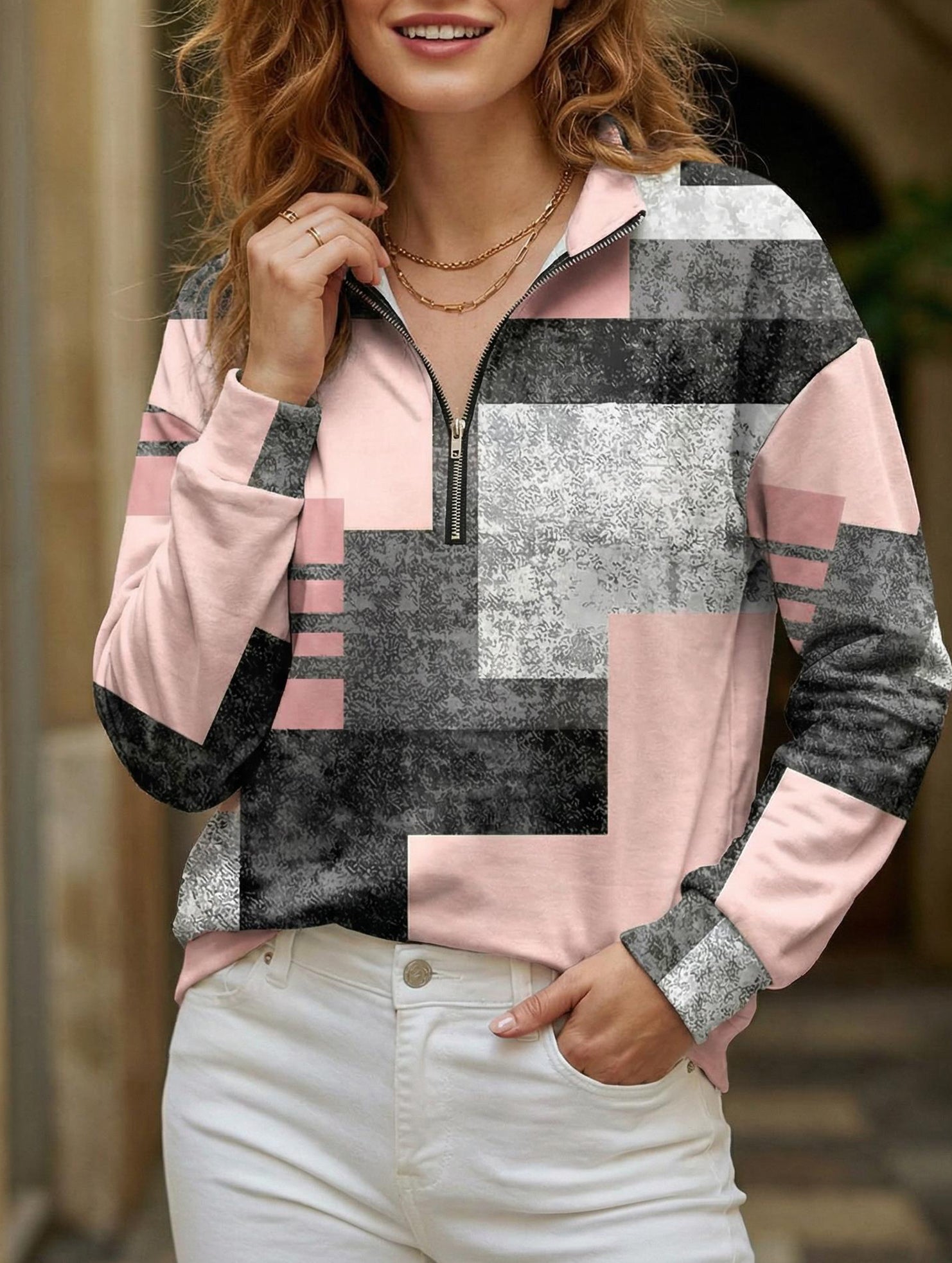 Color-blocked loose V-neck sweatshirt