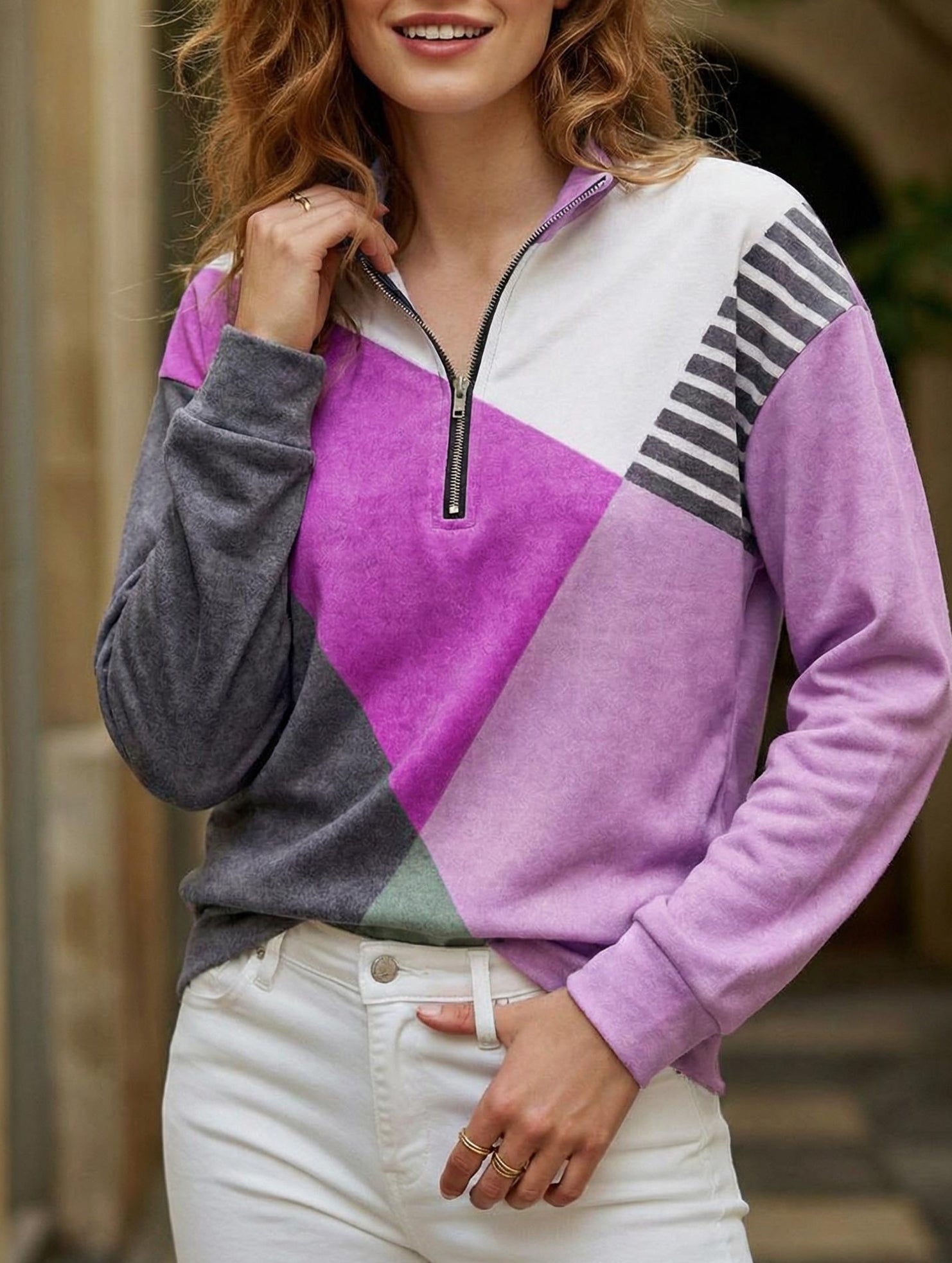 Color-blocked loose V-neck sweatshirt