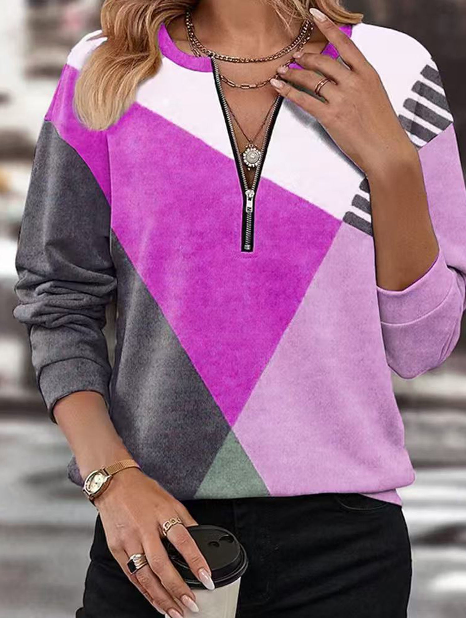 Color-blocked loose V-neck sweatshirt