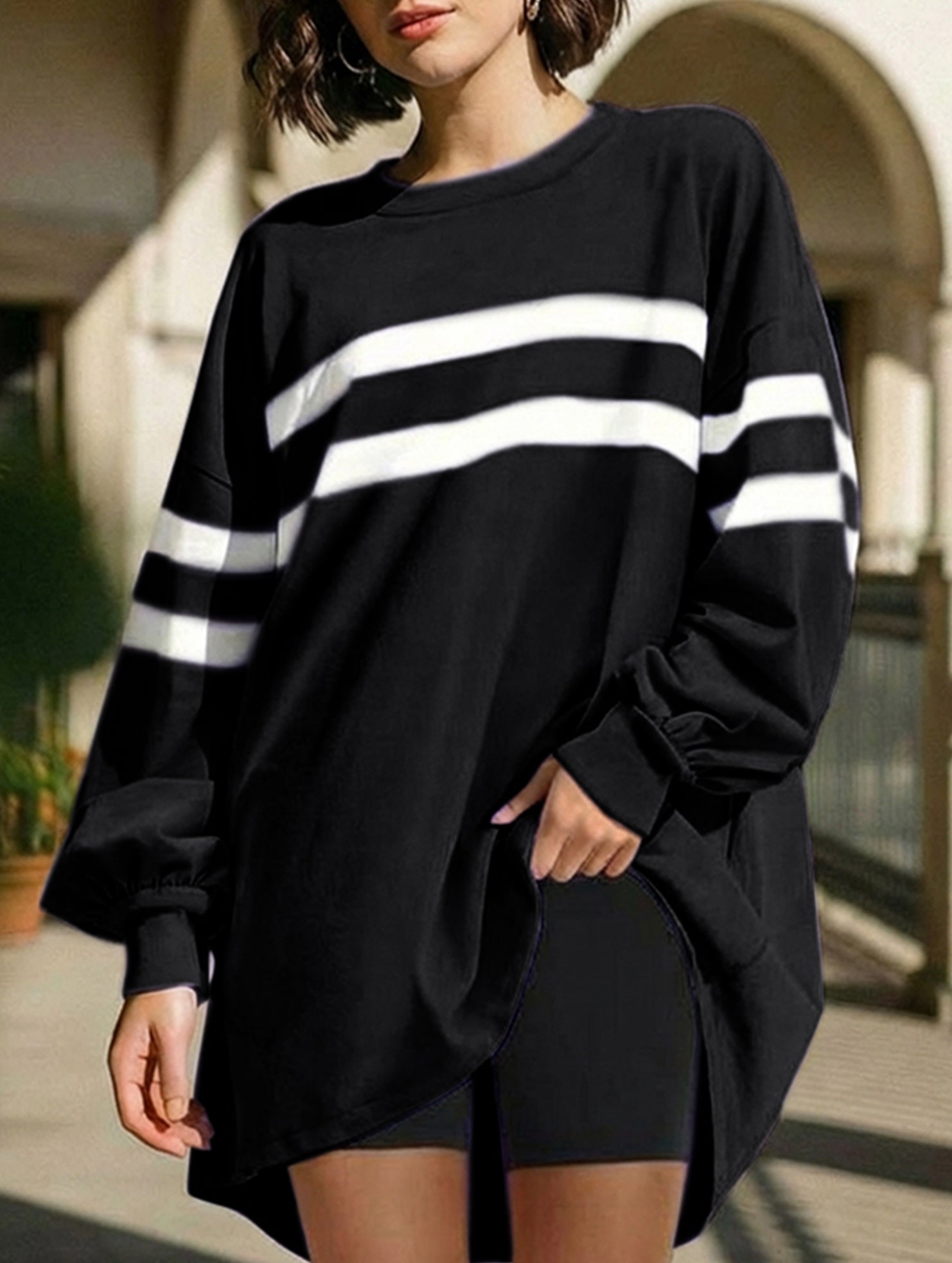 Solid color striped crew neck loose sweatshirt