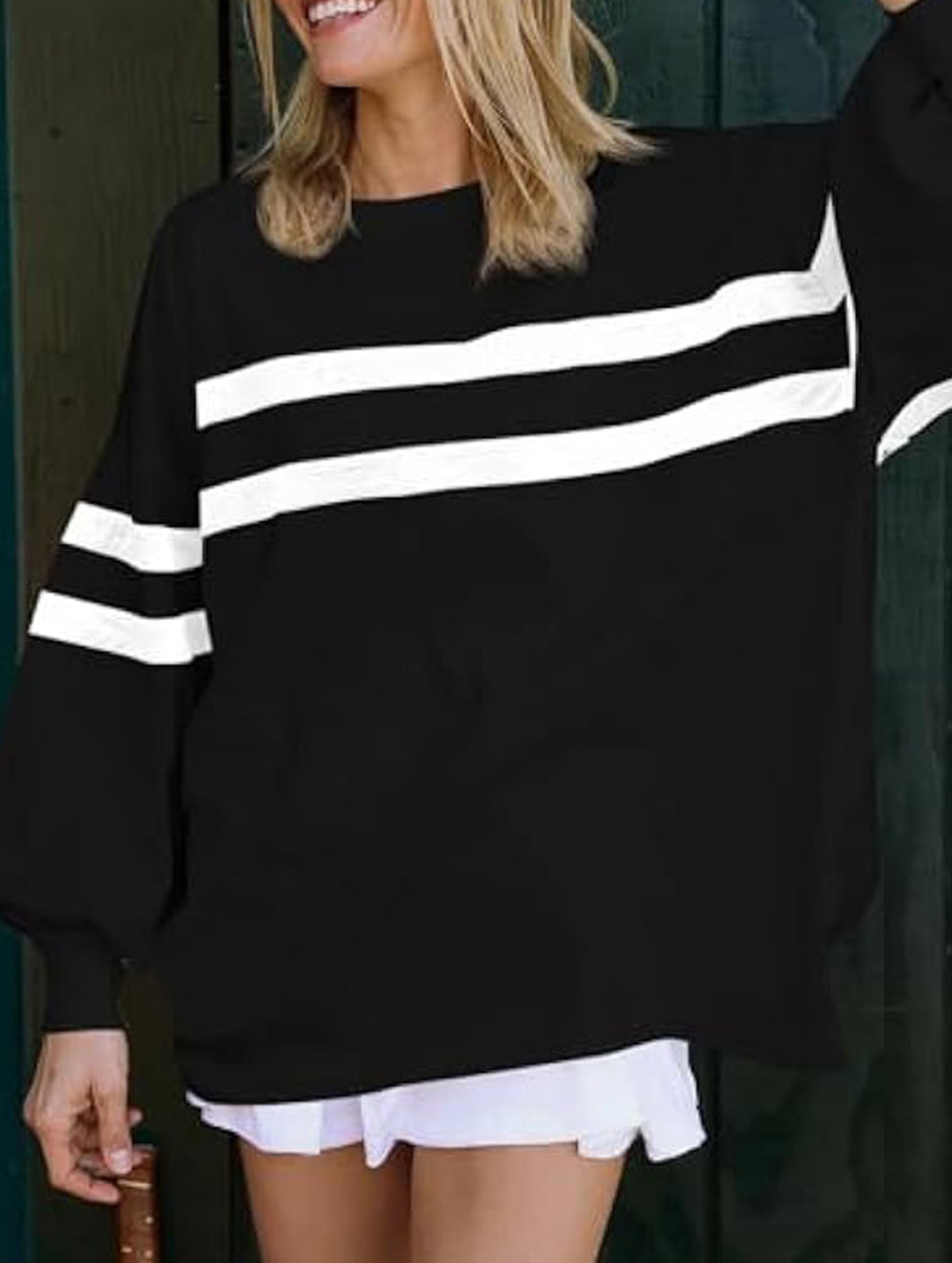 Solid color striped crew neck loose sweatshirt