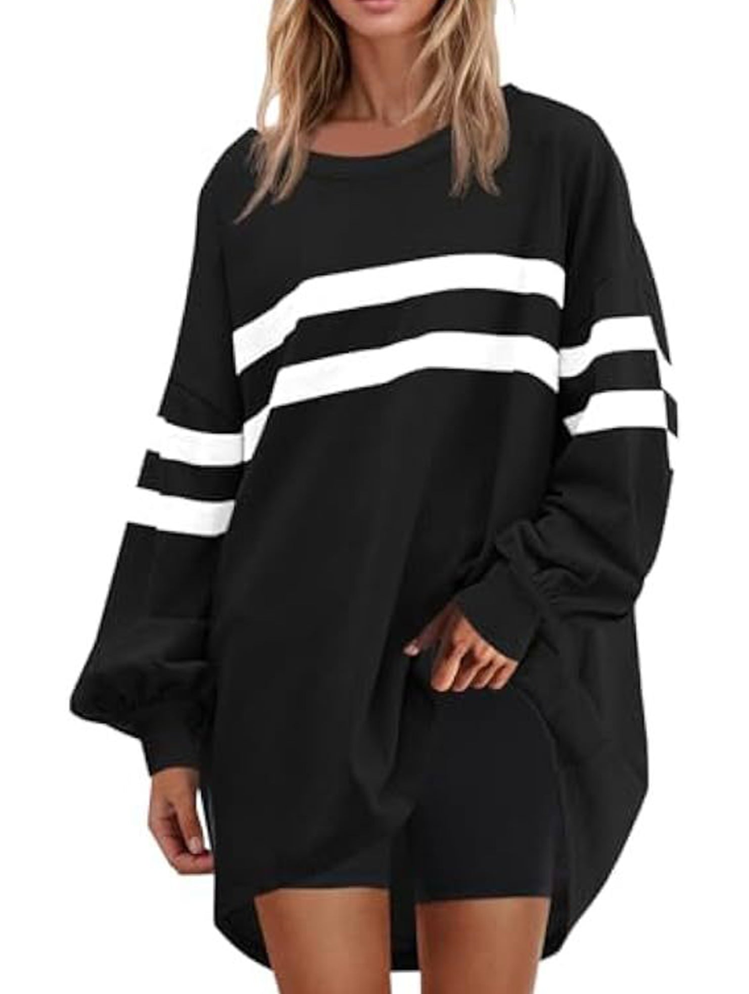 Solid color striped crew neck loose sweatshirt