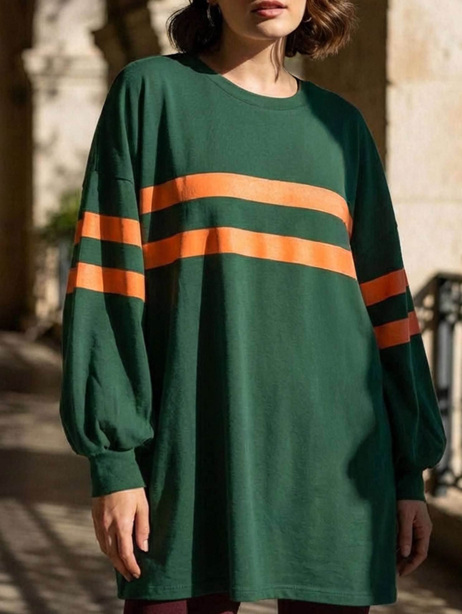 Solid color striped crew neck loose sweatshirt