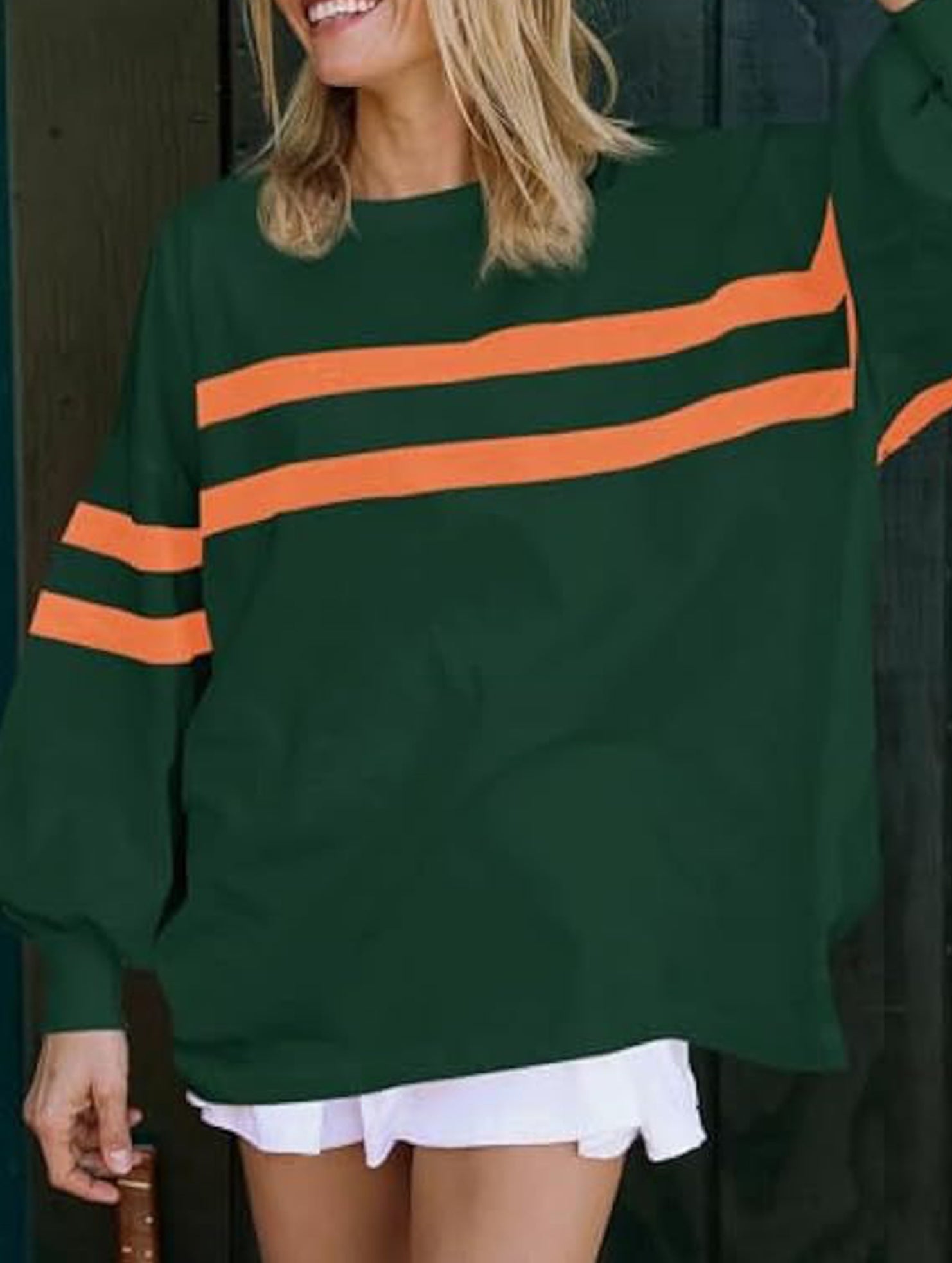 Solid color striped crew neck loose sweatshirt