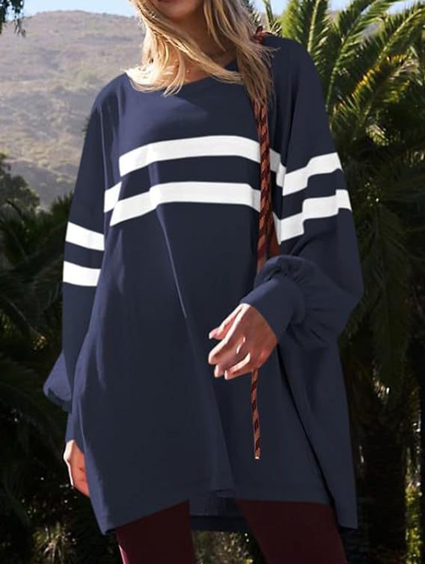 Solid color striped crew neck loose sweatshirt