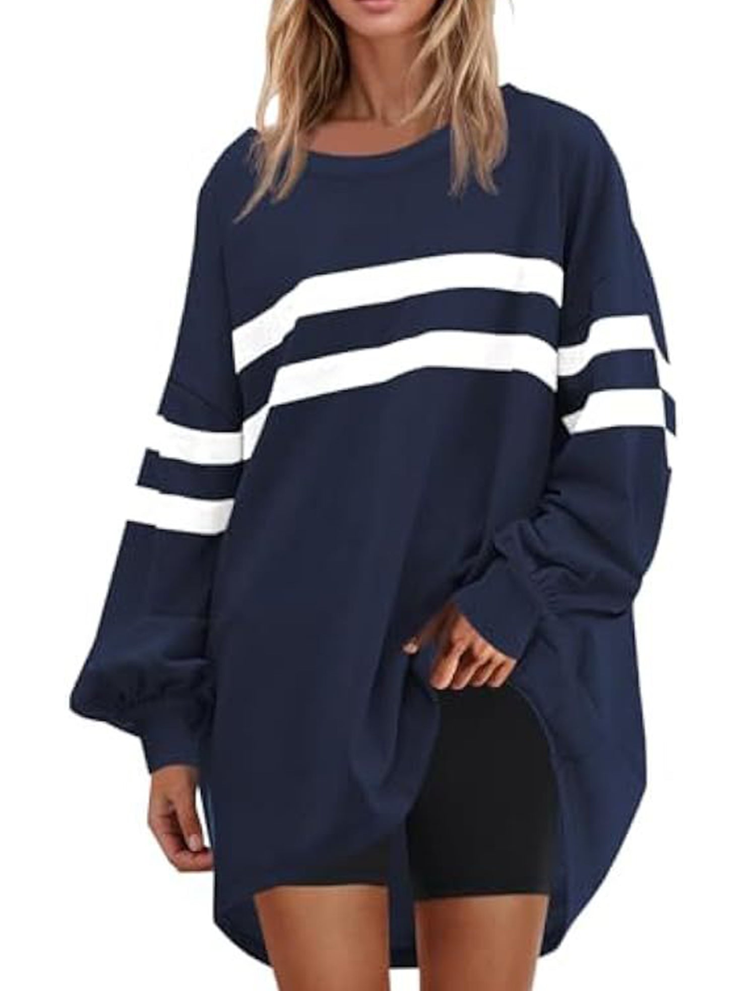 Solid color striped crew neck loose sweatshirt