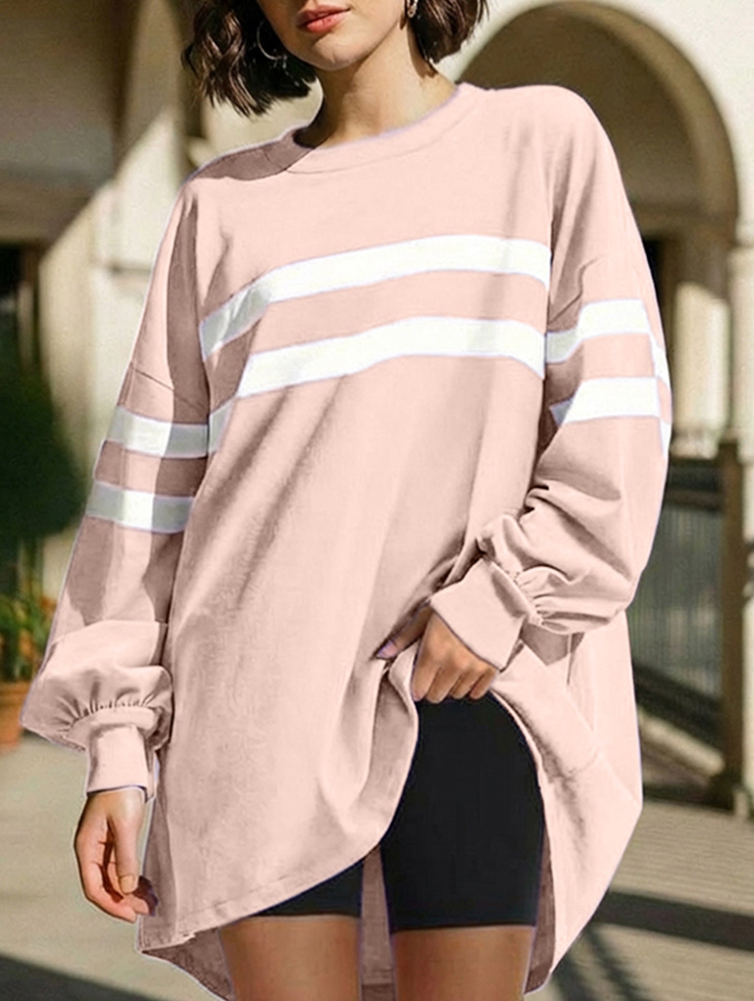 Solid color striped crew neck loose sweatshirt