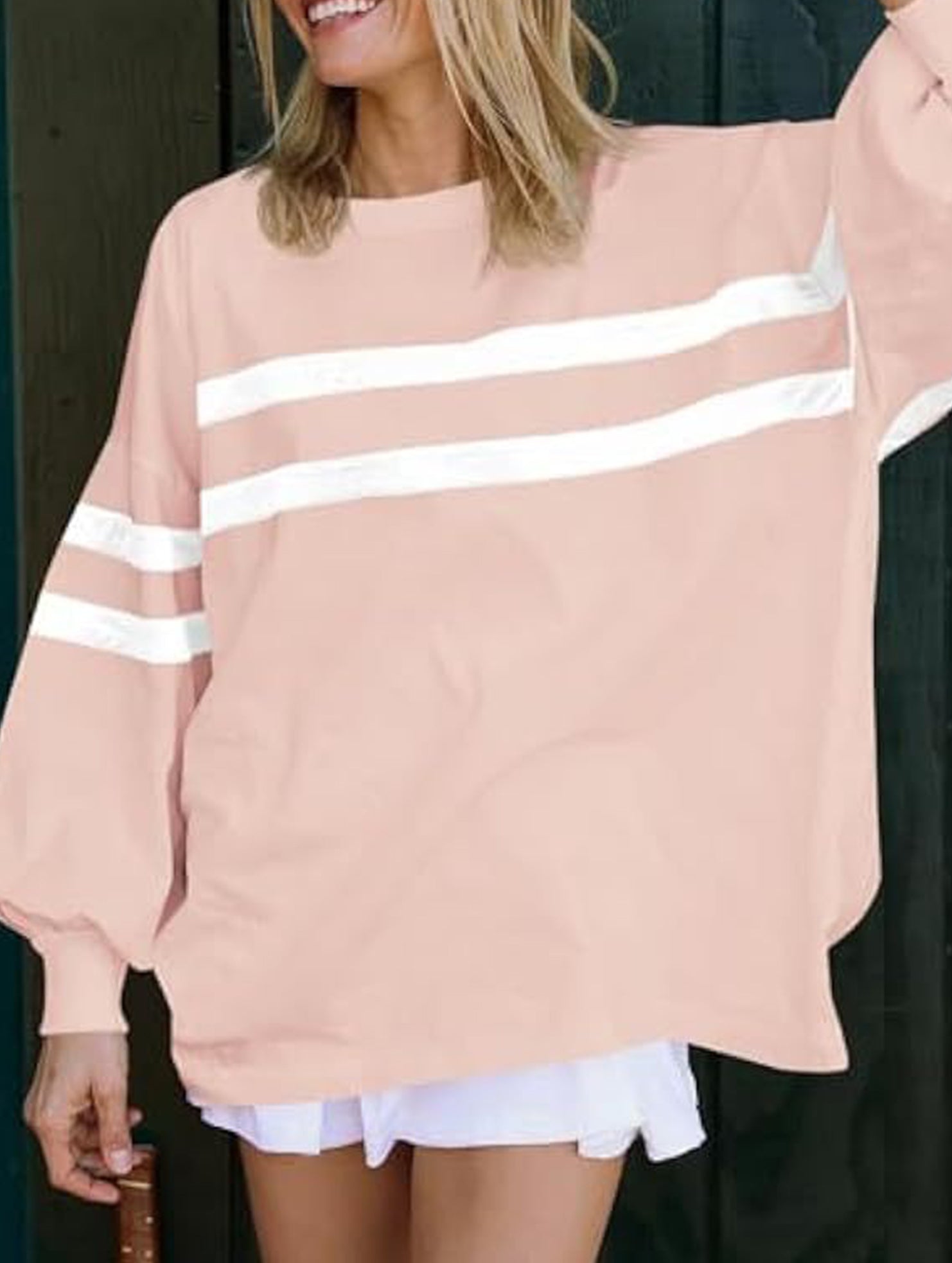 Solid color striped crew neck loose sweatshirt