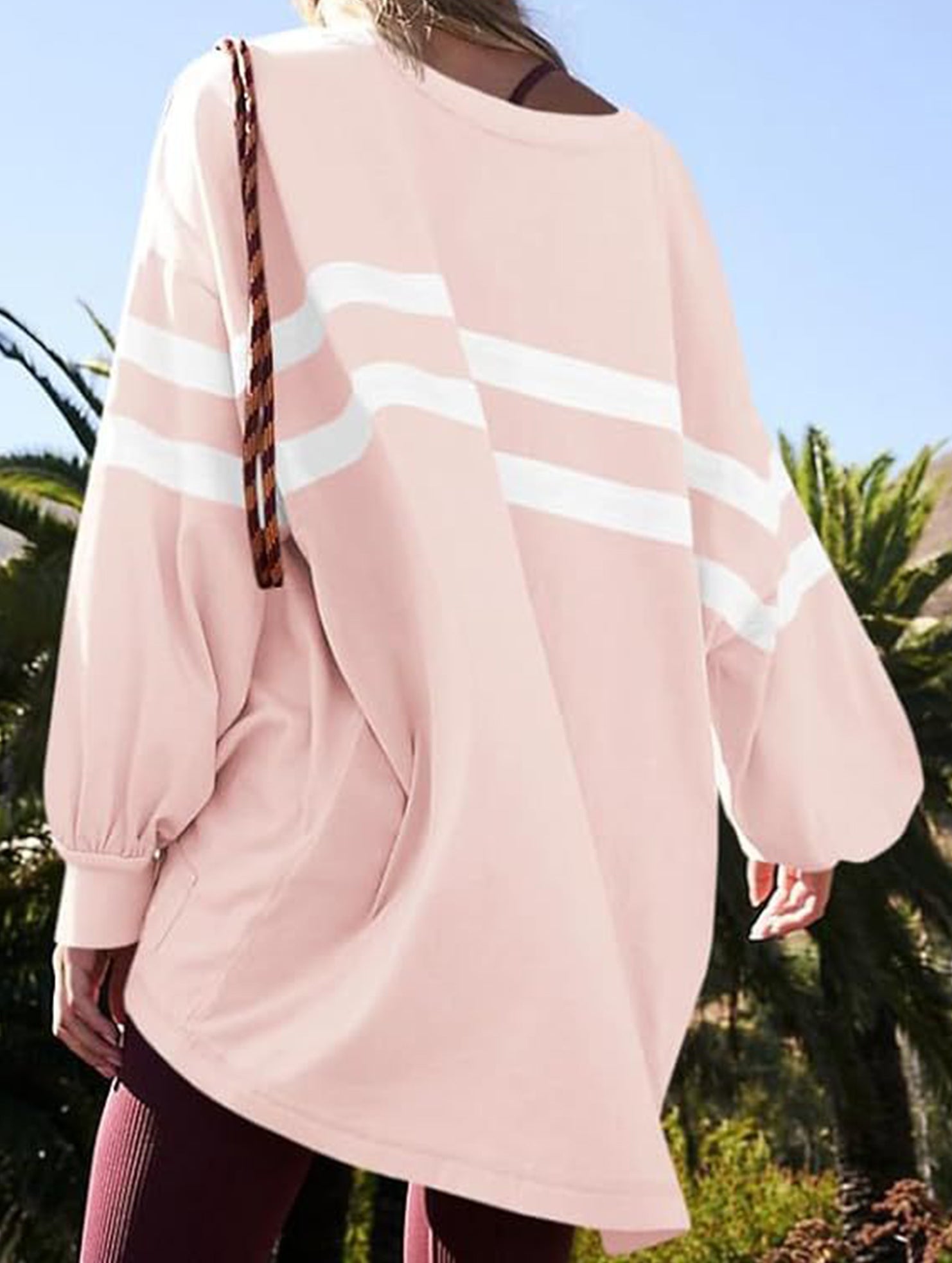 Solid color striped crew neck loose sweatshirt