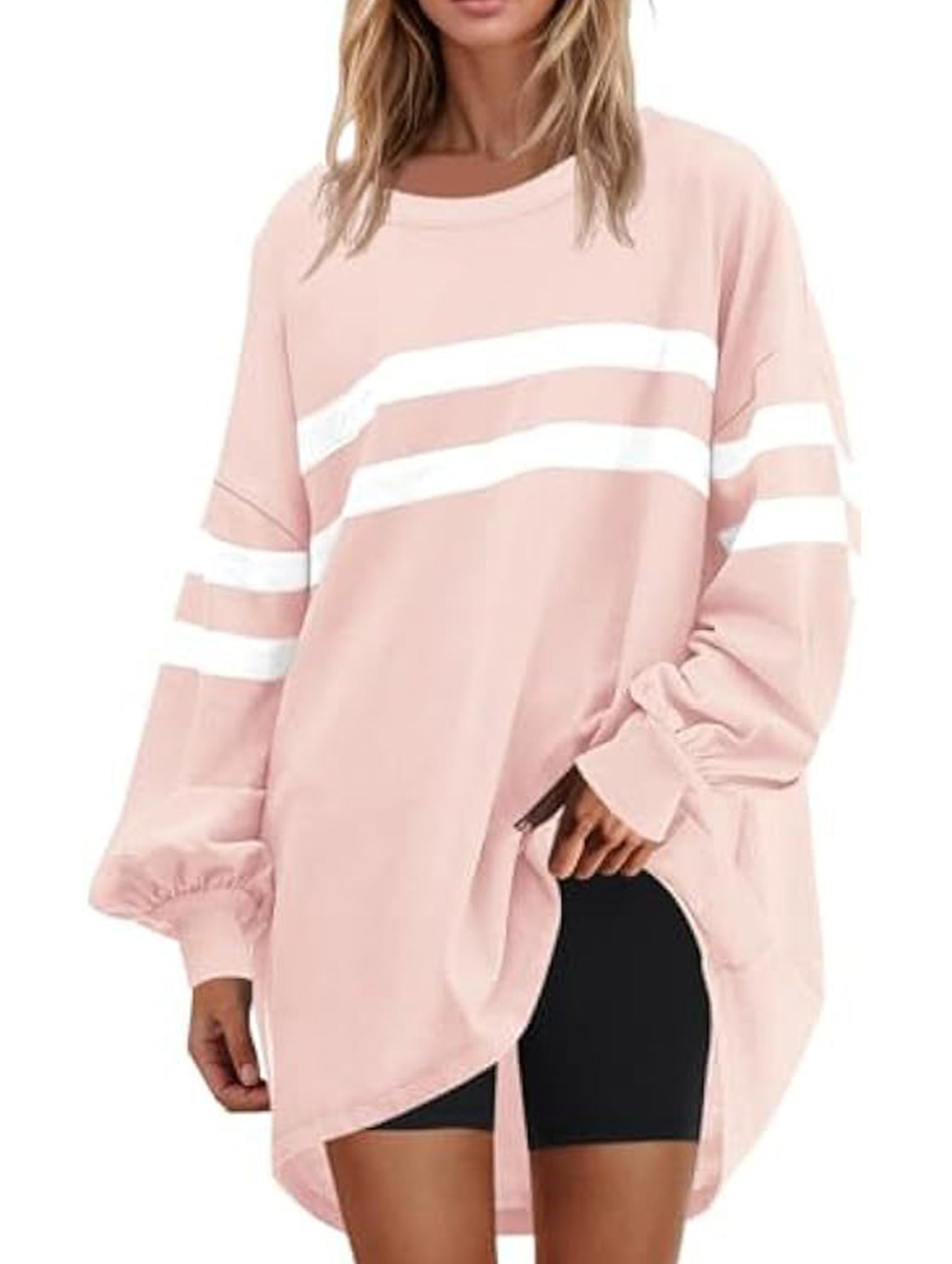 Solid color striped crew neck loose sweatshirt