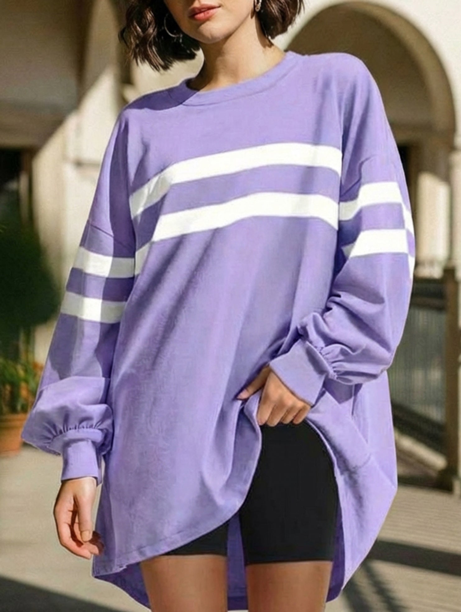 Solid color striped crew neck loose sweatshirt
