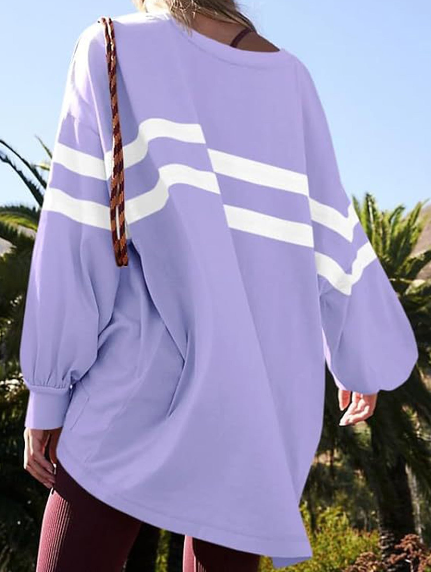 Solid color striped crew neck loose sweatshirt