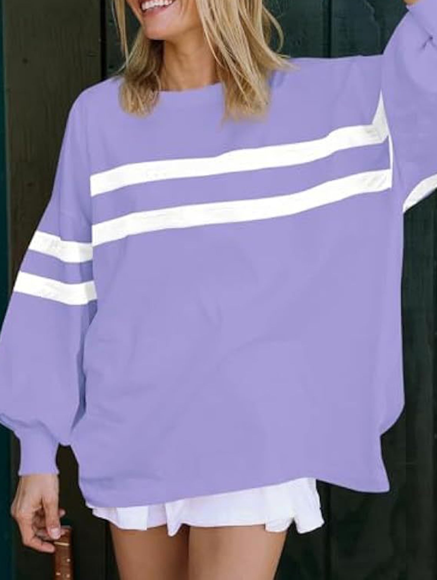Solid color striped crew neck loose sweatshirt