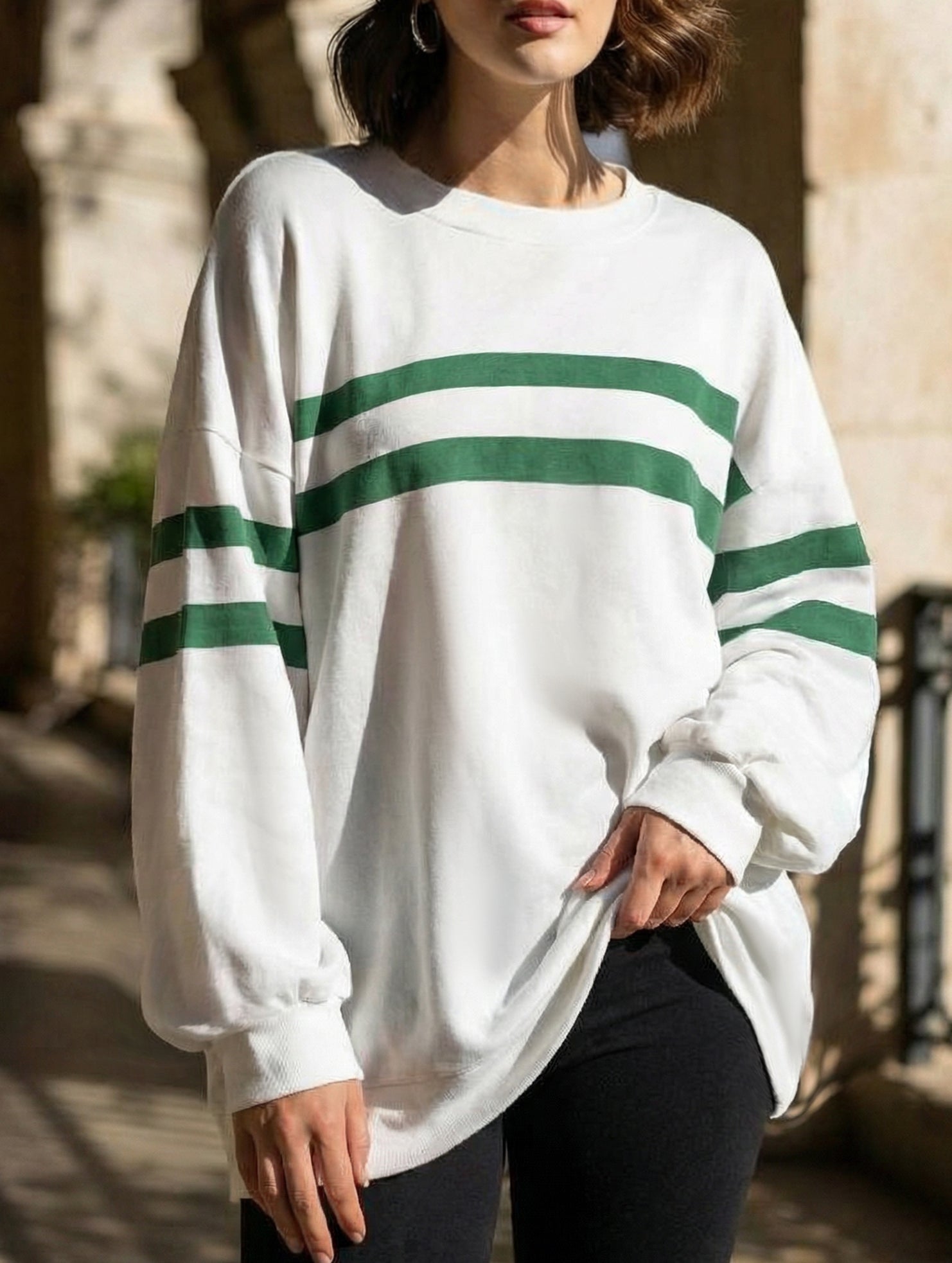 Solid color striped crew neck loose sweatshirt