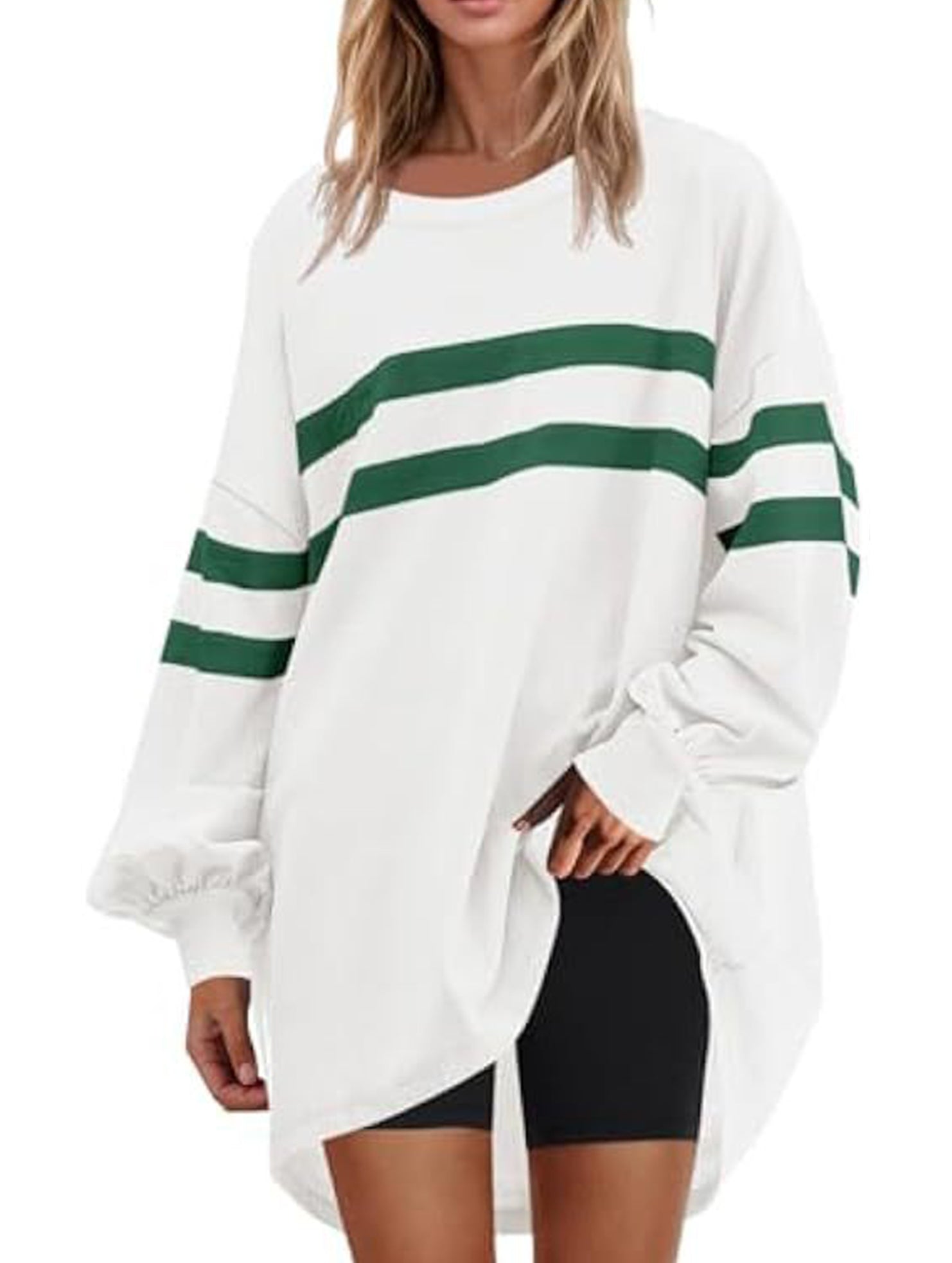 Solid color striped crew neck loose sweatshirt