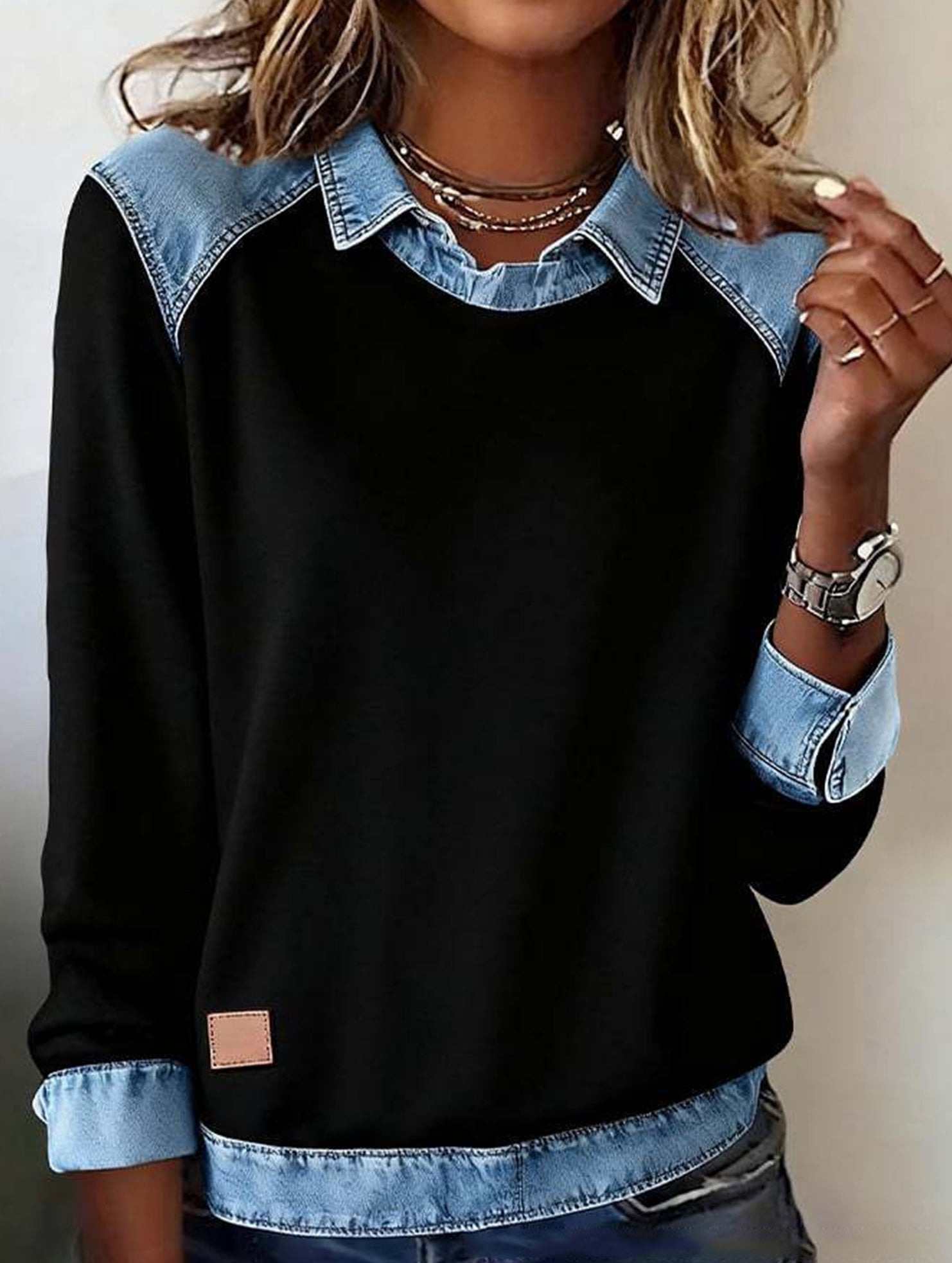 Denim collar long-sleeved patchwork shirt