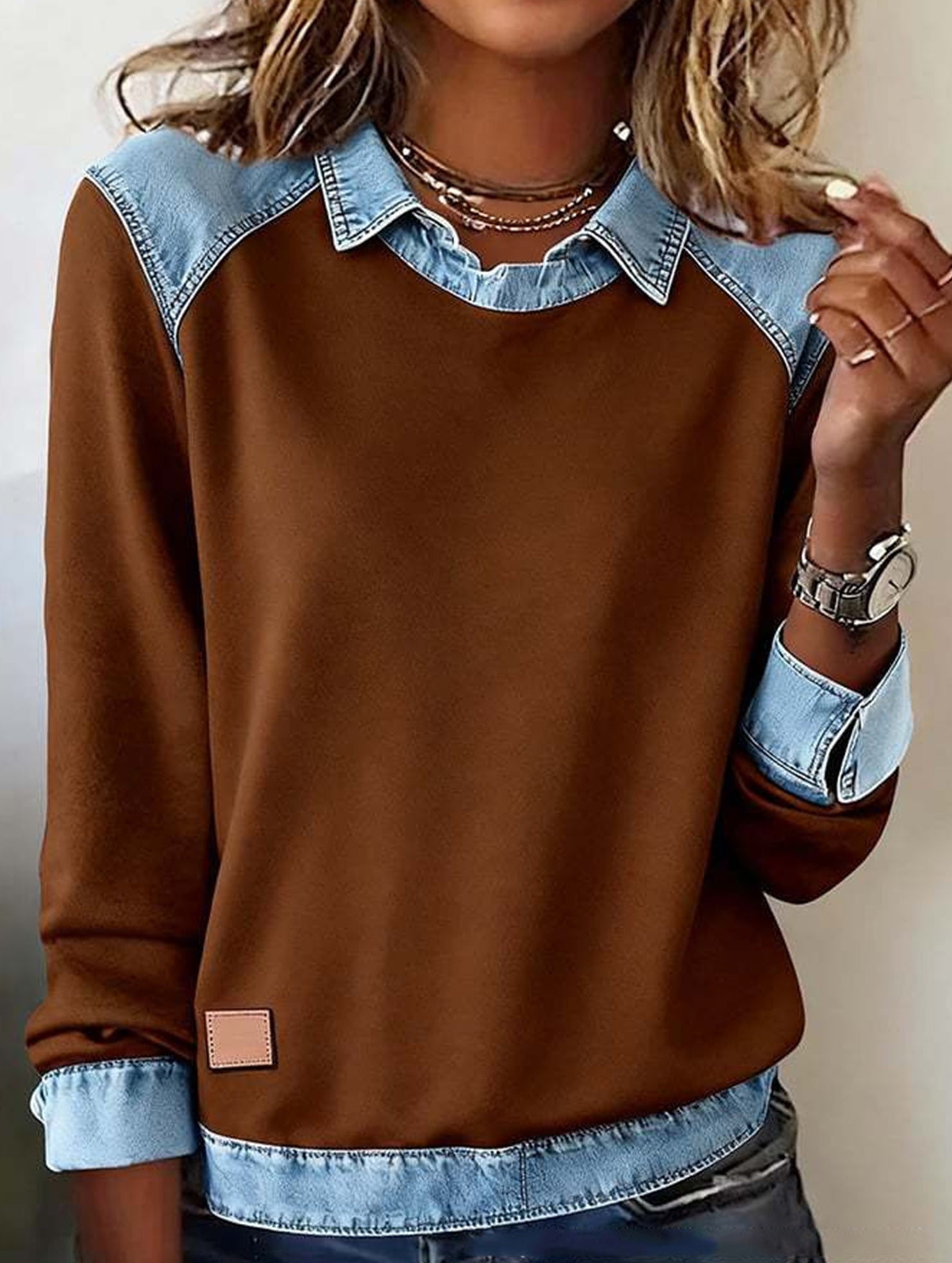Denim collar long-sleeved patchwork shirt