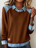 Denim collar long-sleeved patchwork shirt