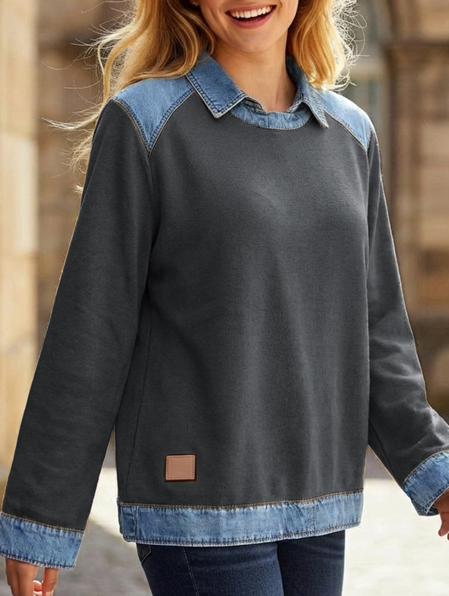 Denim collar long-sleeved patchwork shirt