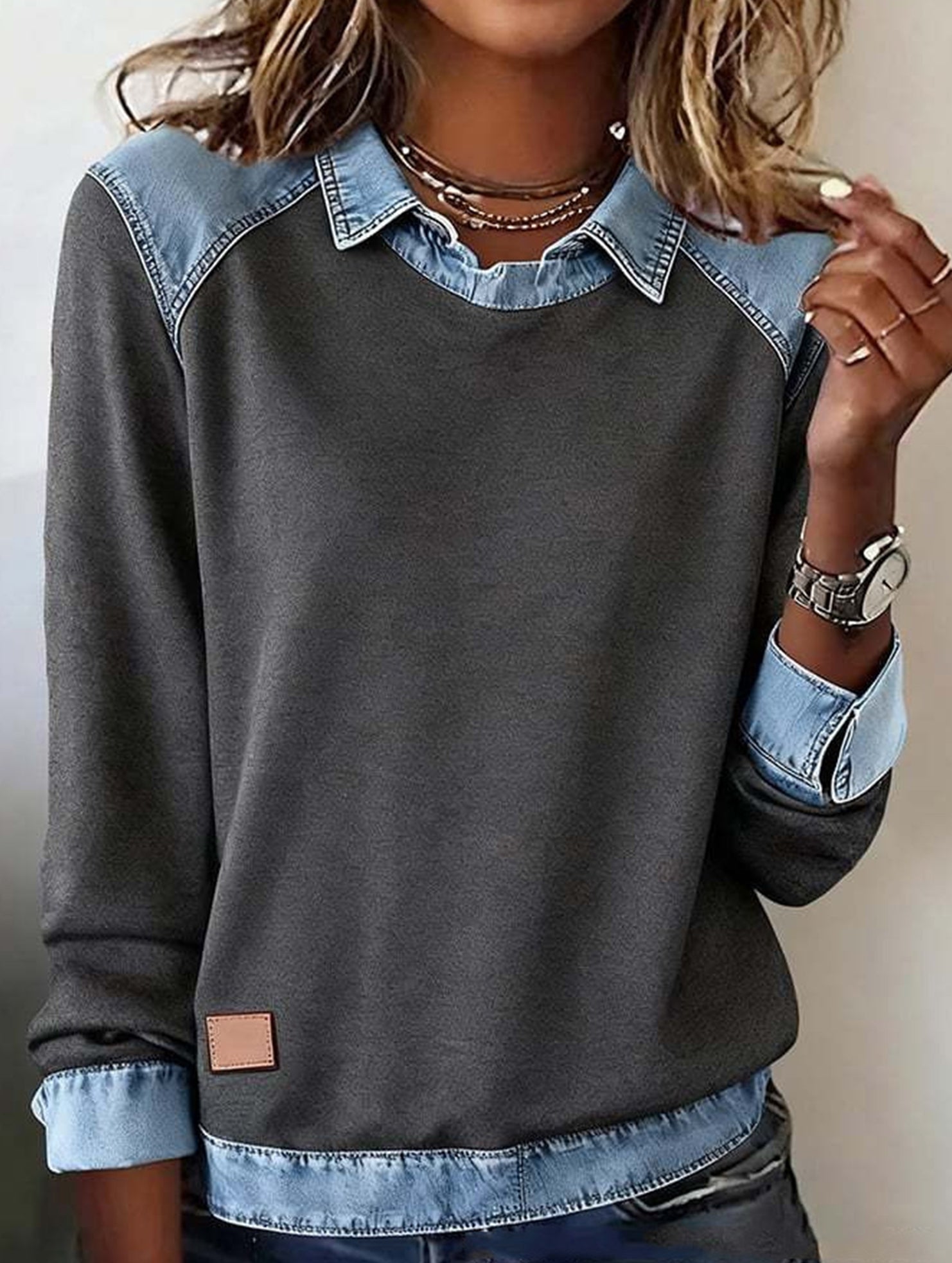 Denim collar long-sleeved patchwork shirt