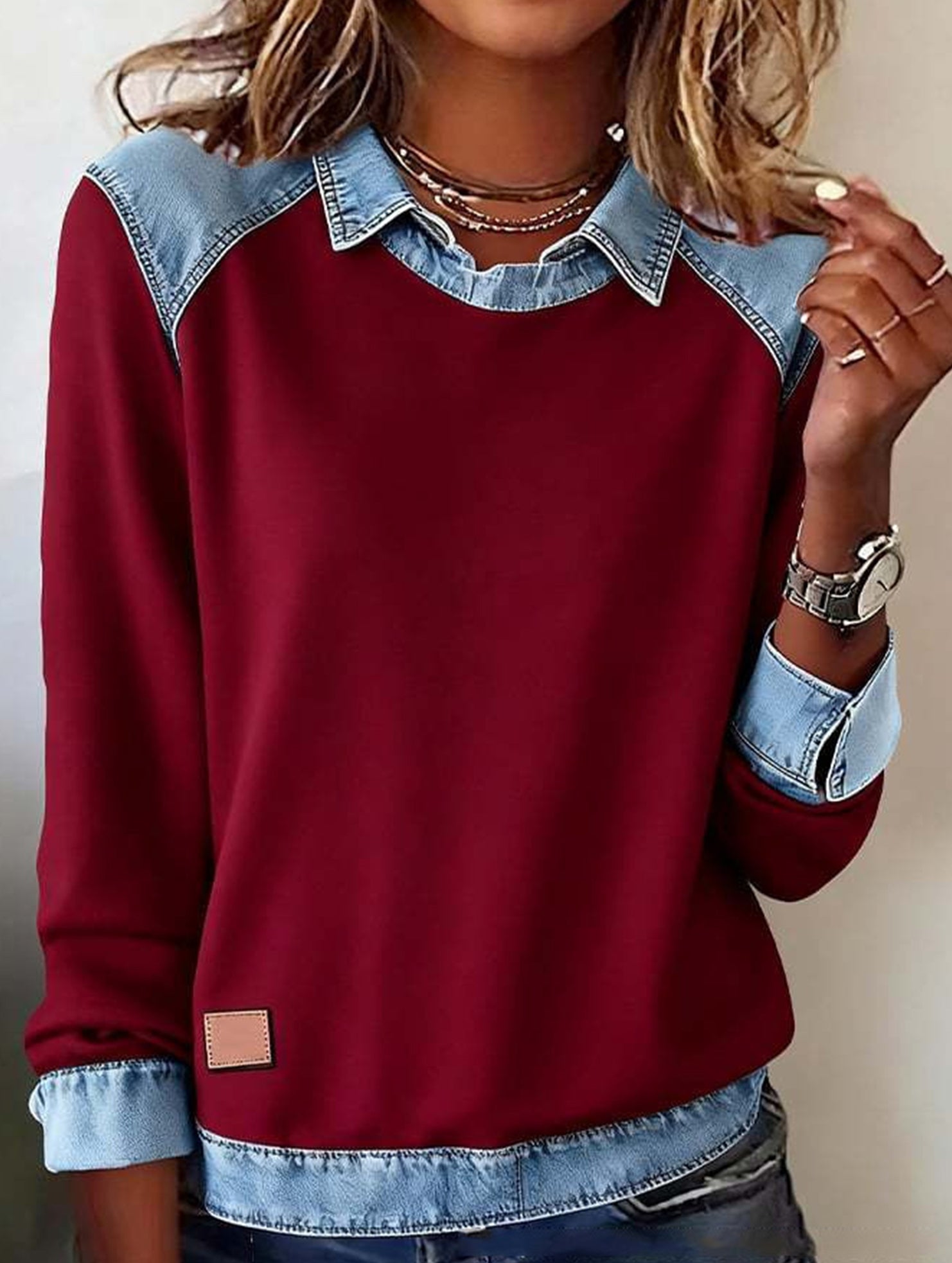 Denim collar long-sleeved patchwork shirt