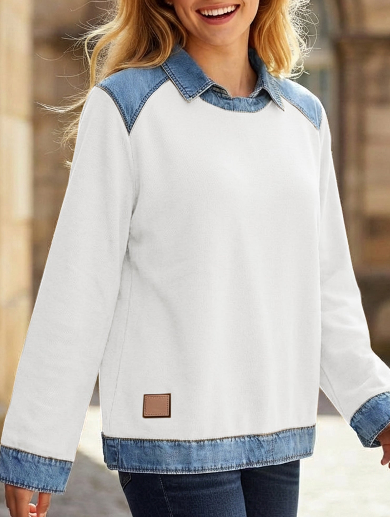 Denim collar long-sleeved patchwork shirt