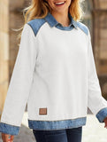 Denim collar long-sleeved patchwork shirt