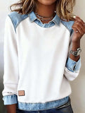 Denim collar long-sleeved patchwork shirt