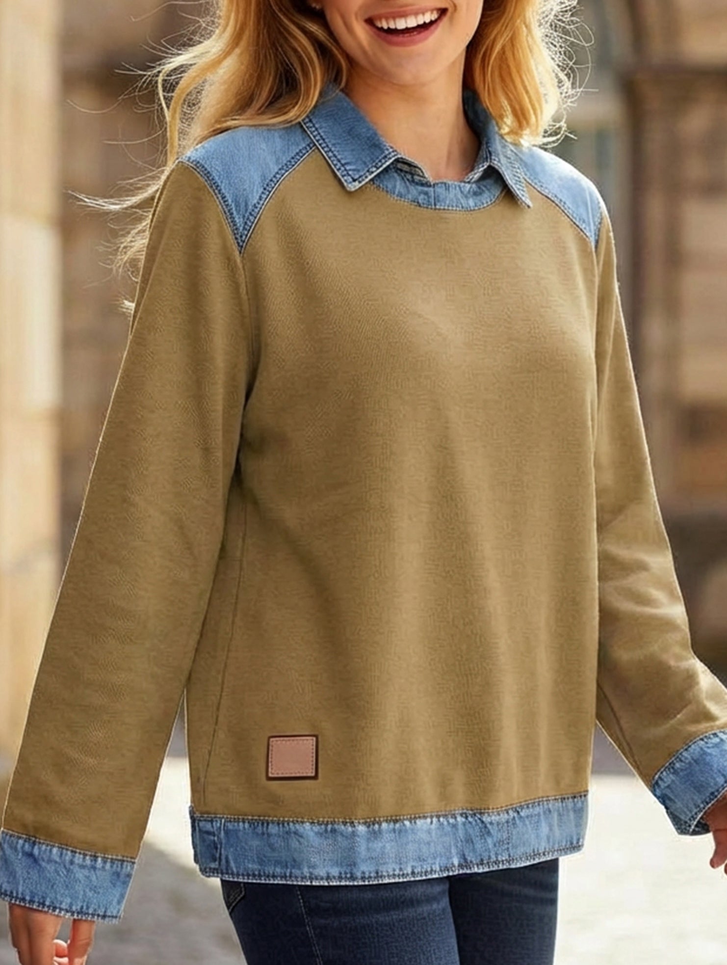 Denim collar long-sleeved patchwork shirt