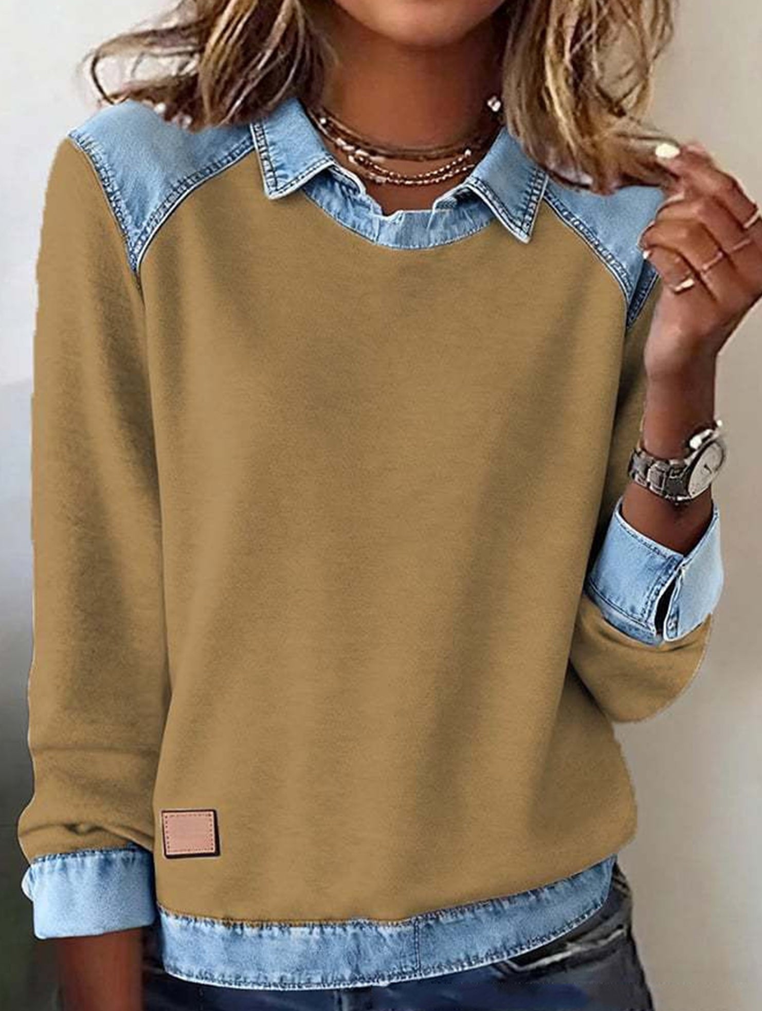 Denim collar long-sleeved patchwork shirt