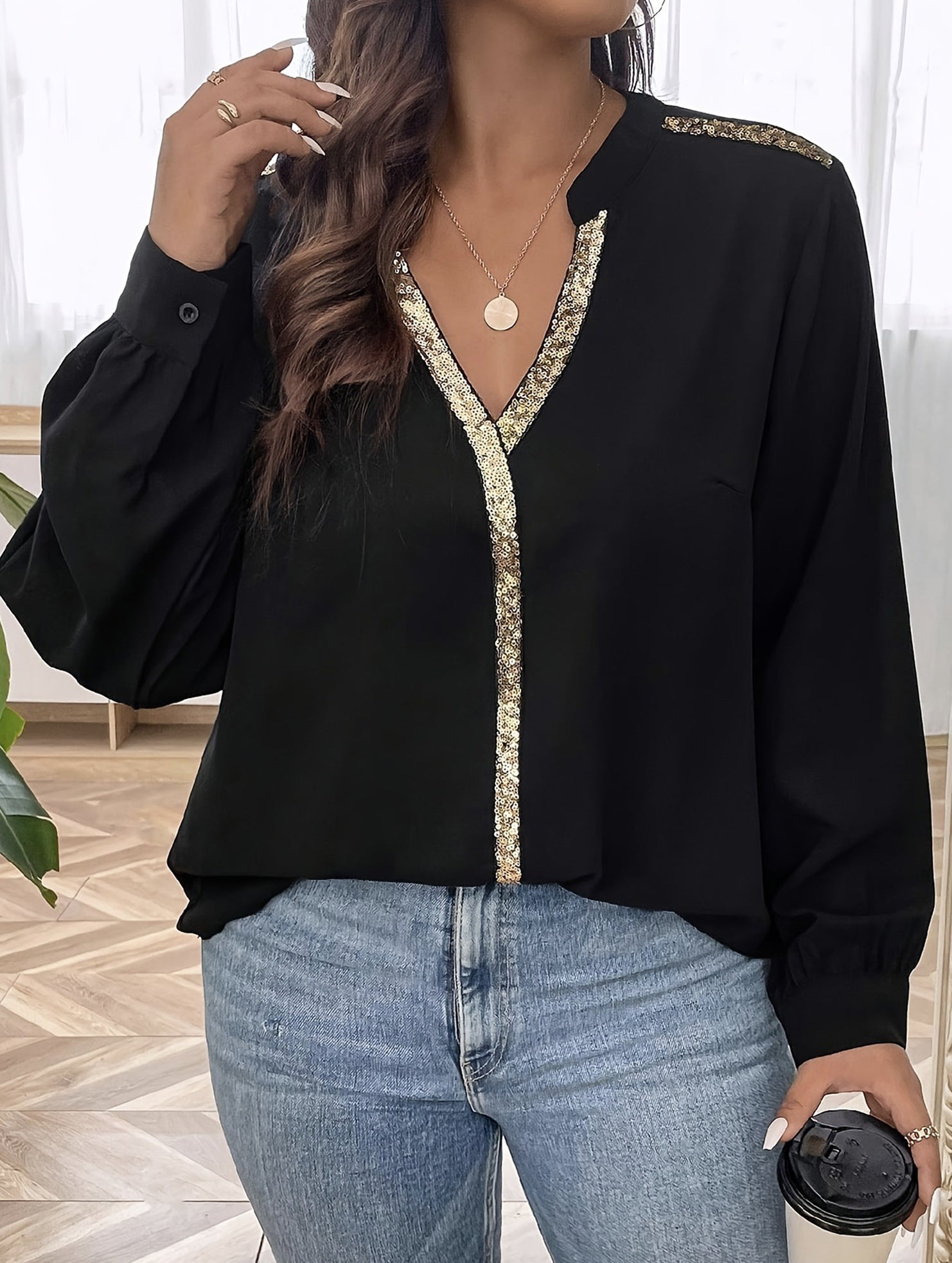 V-neck loose-fitting sequined shirt