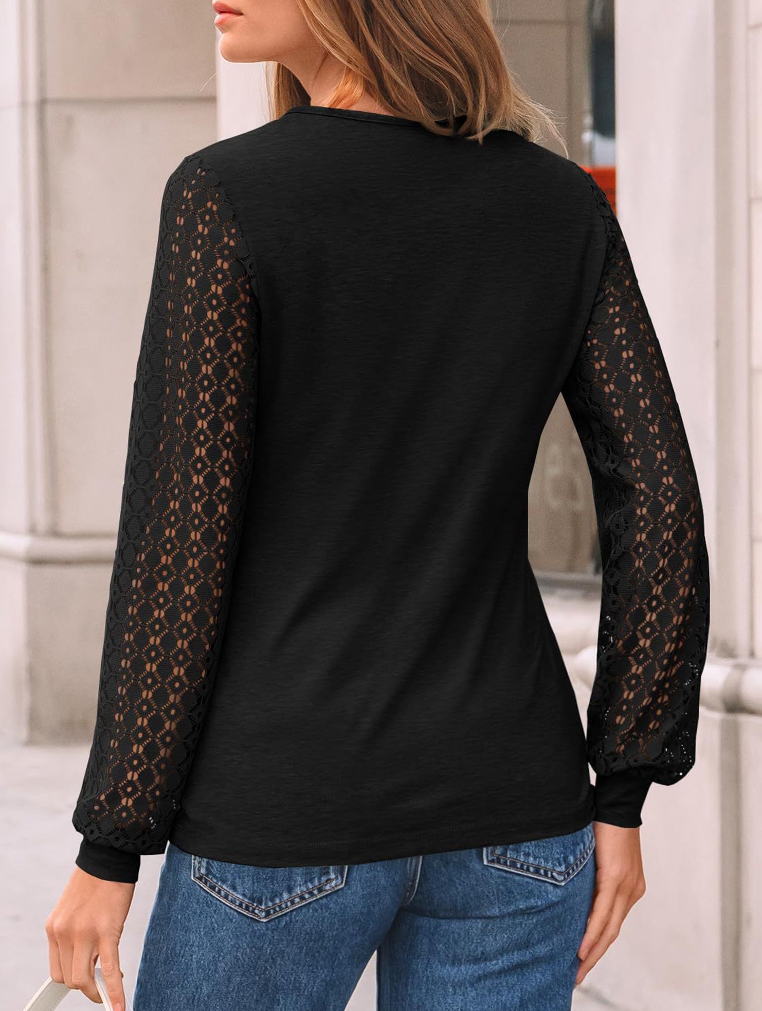 Solid color round neck patchwork hollow shirt