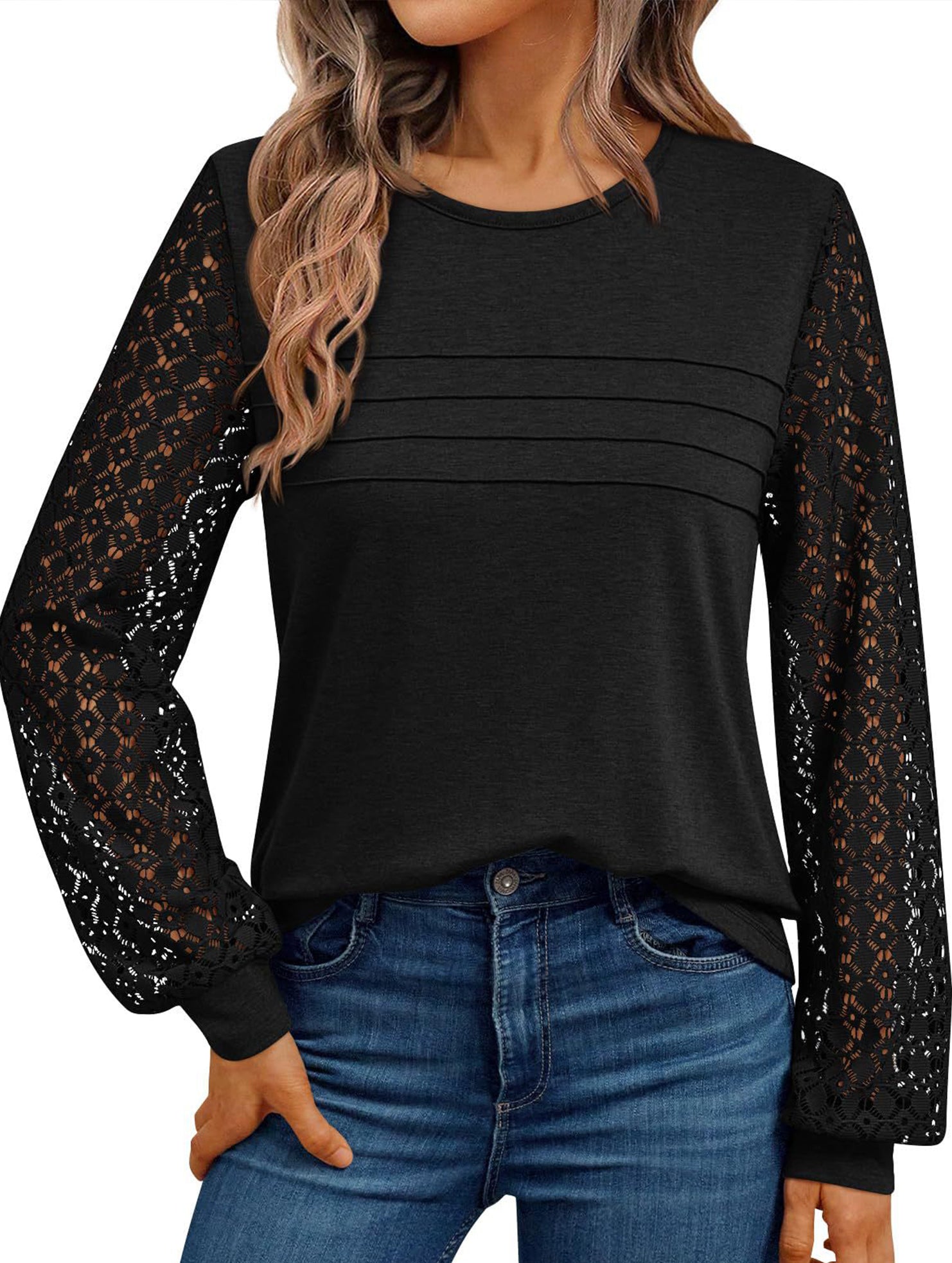 Solid color round neck patchwork hollow shirt