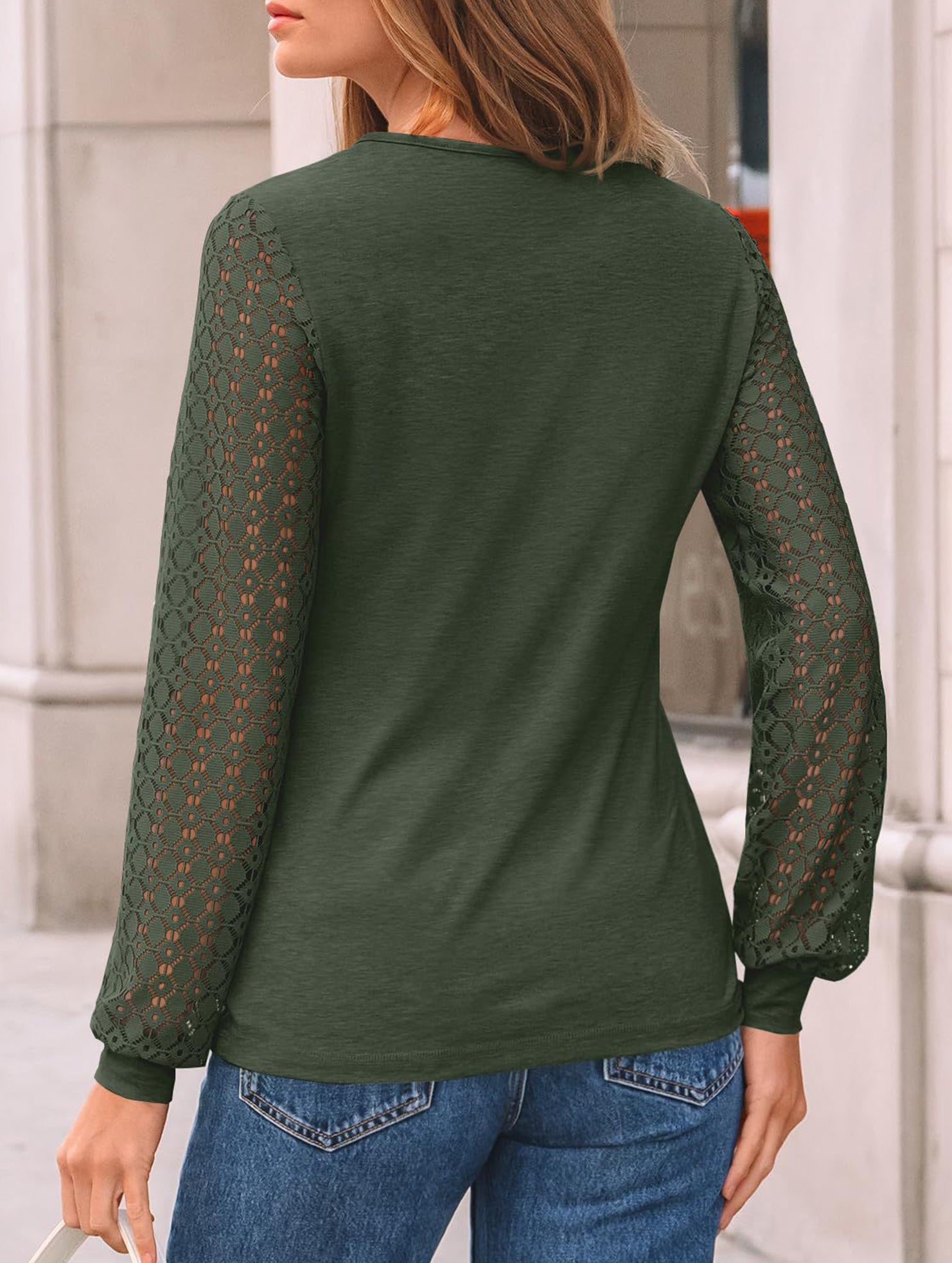 Solid color round neck patchwork hollow shirt