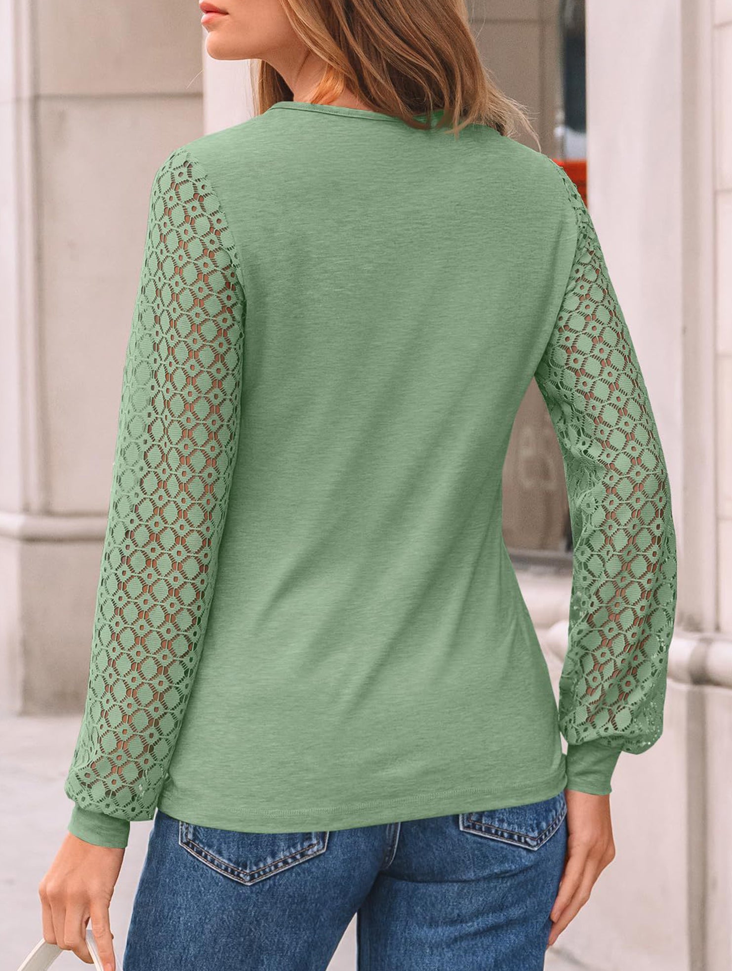 Solid color round neck patchwork hollow shirt