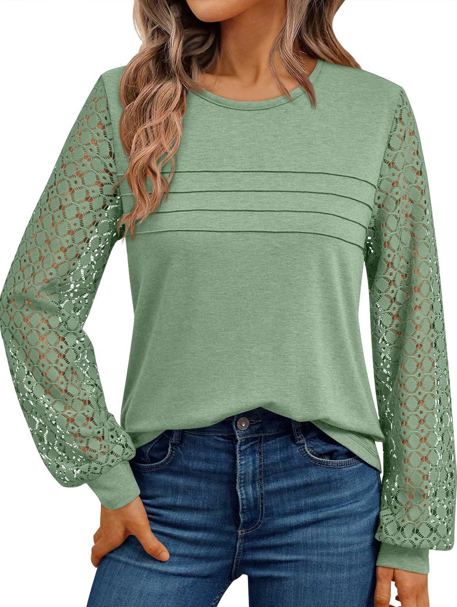 Solid color round neck patchwork hollow shirt