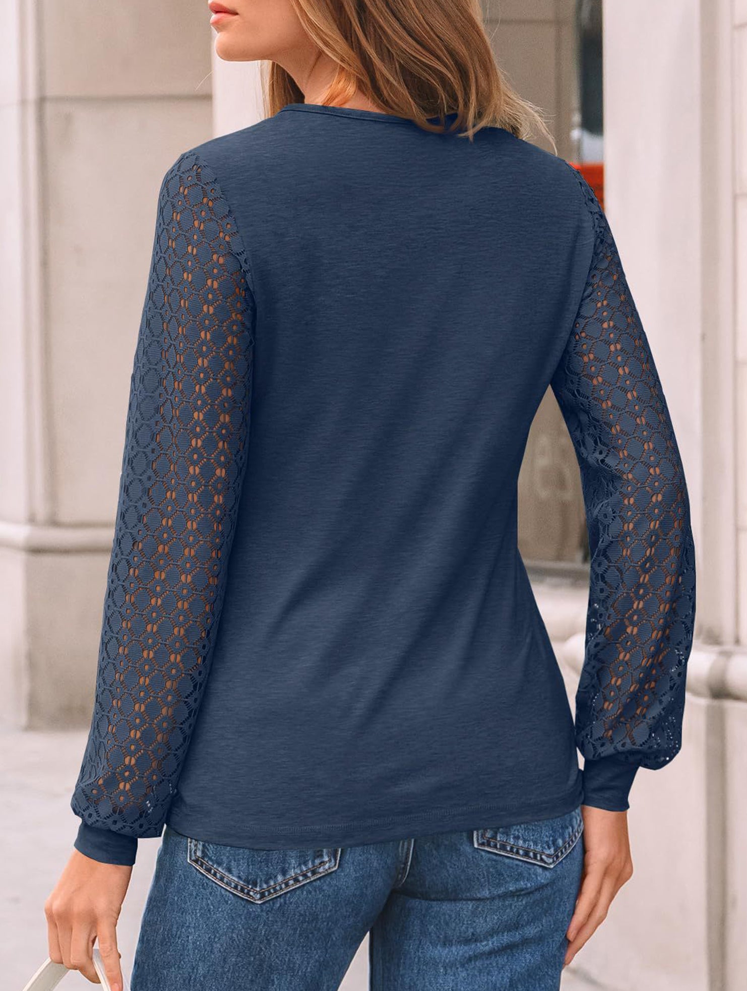 Solid color round neck patchwork hollow shirt