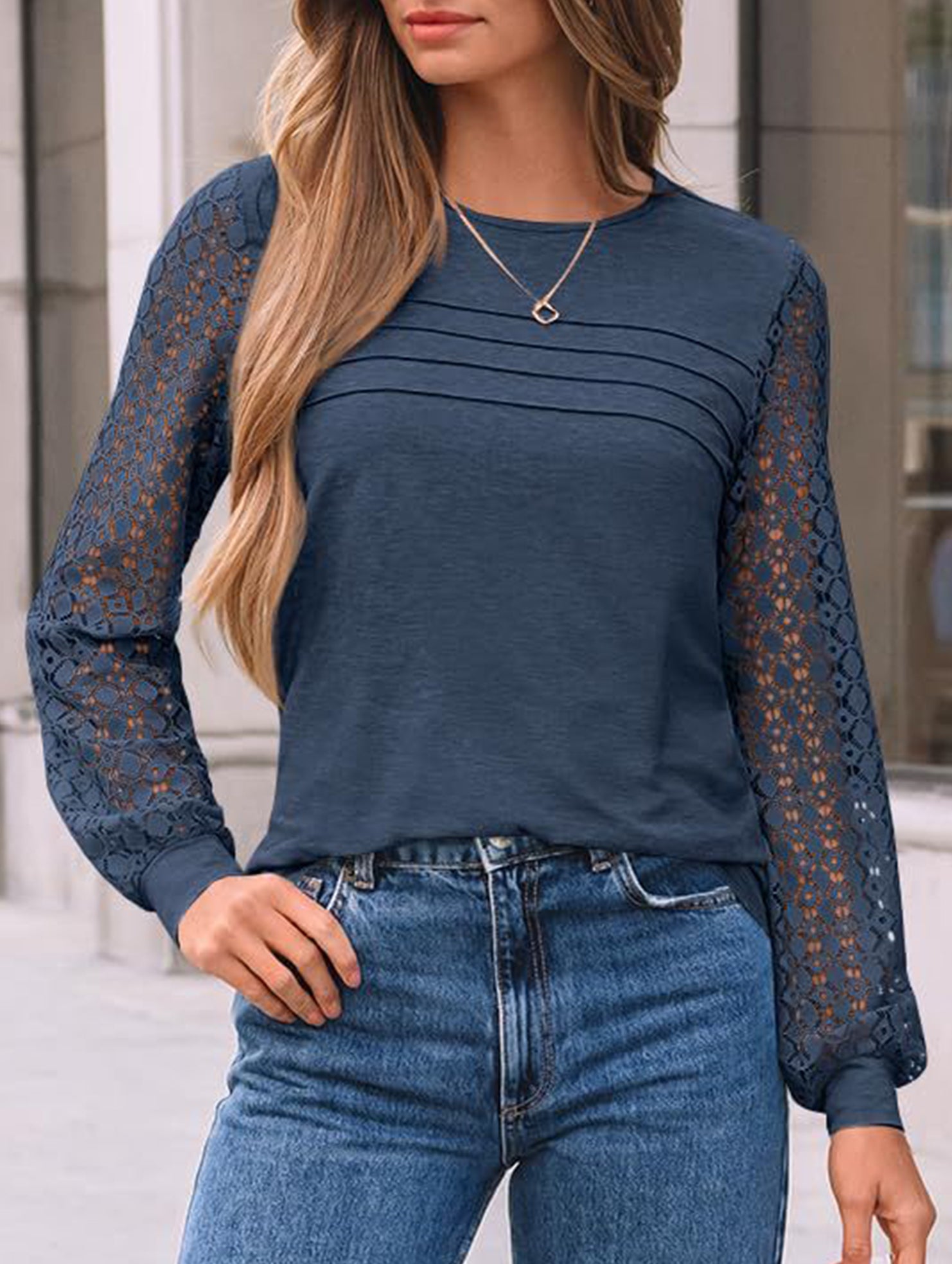 Solid color round neck patchwork hollow shirt