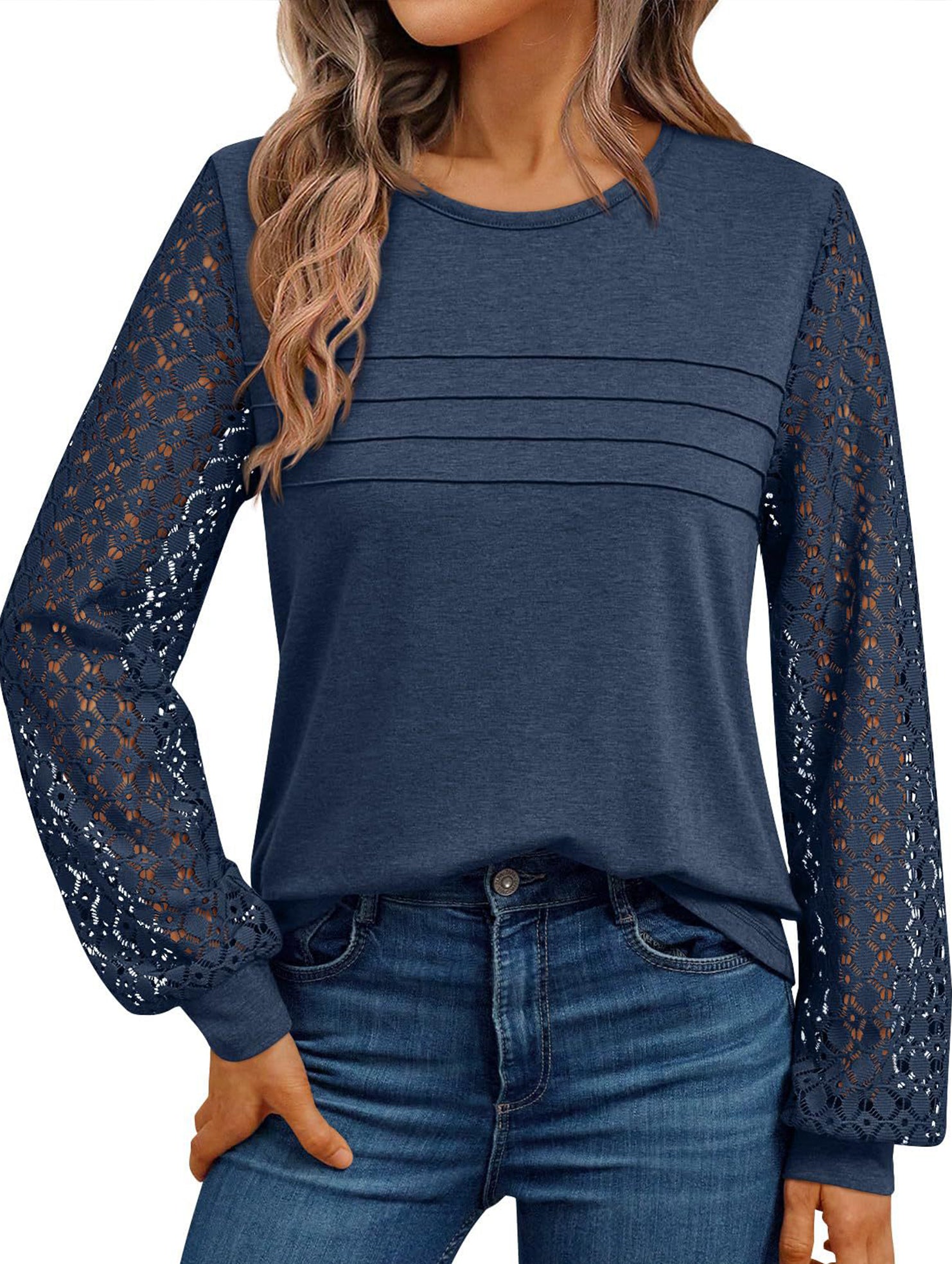 Solid color round neck patchwork hollow shirt