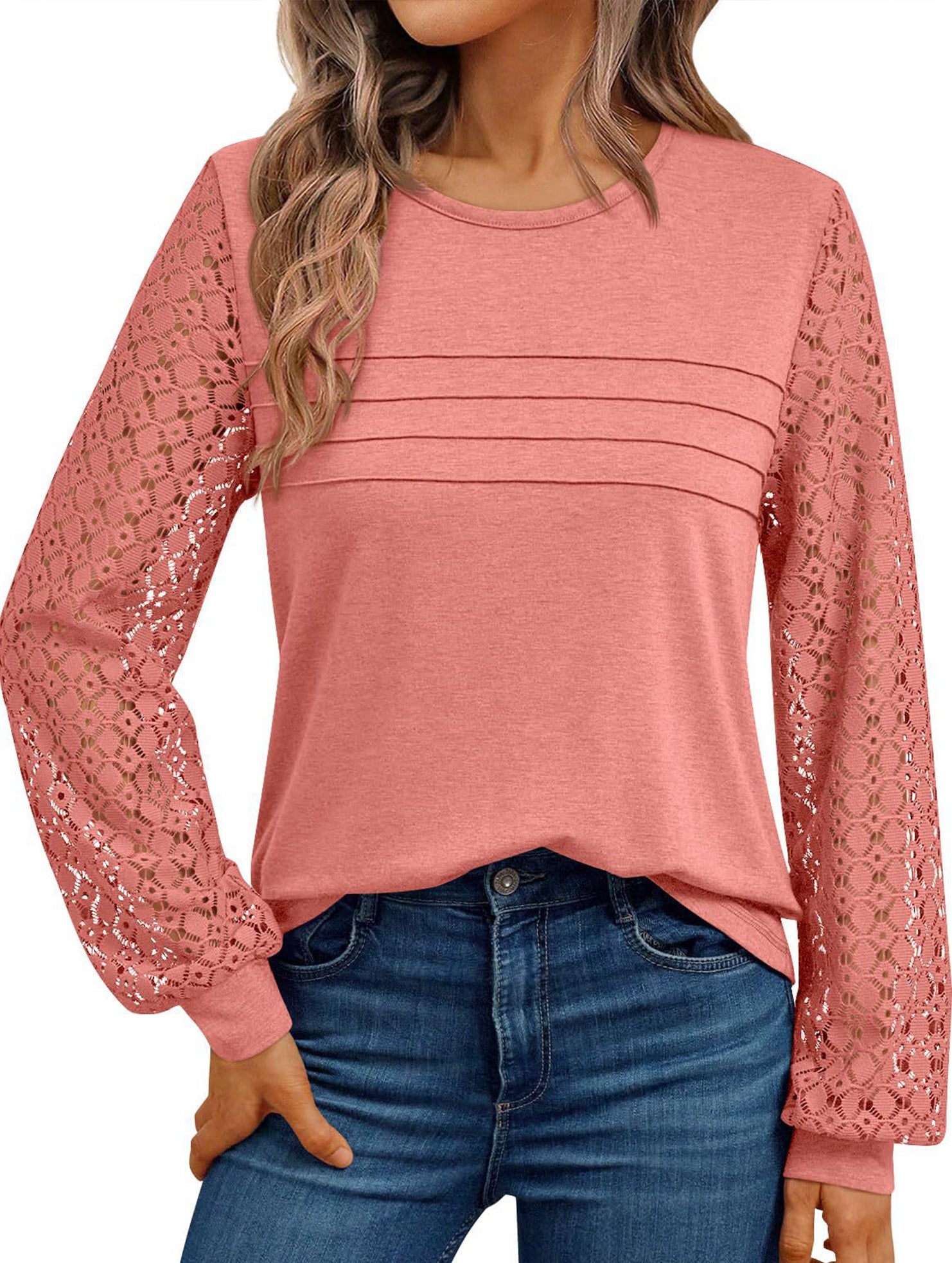 Solid color round neck patchwork hollow shirt