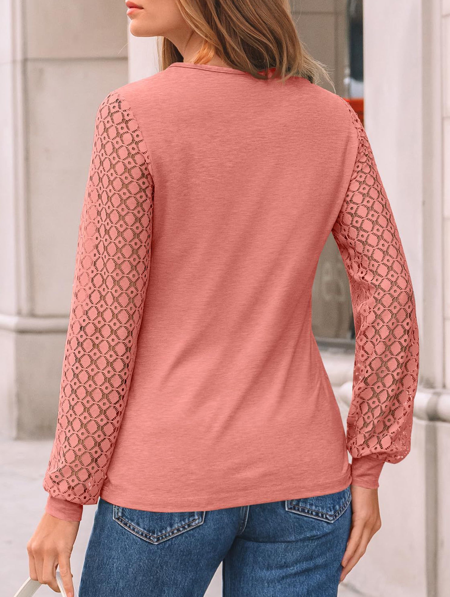 Solid color round neck patchwork hollow shirt