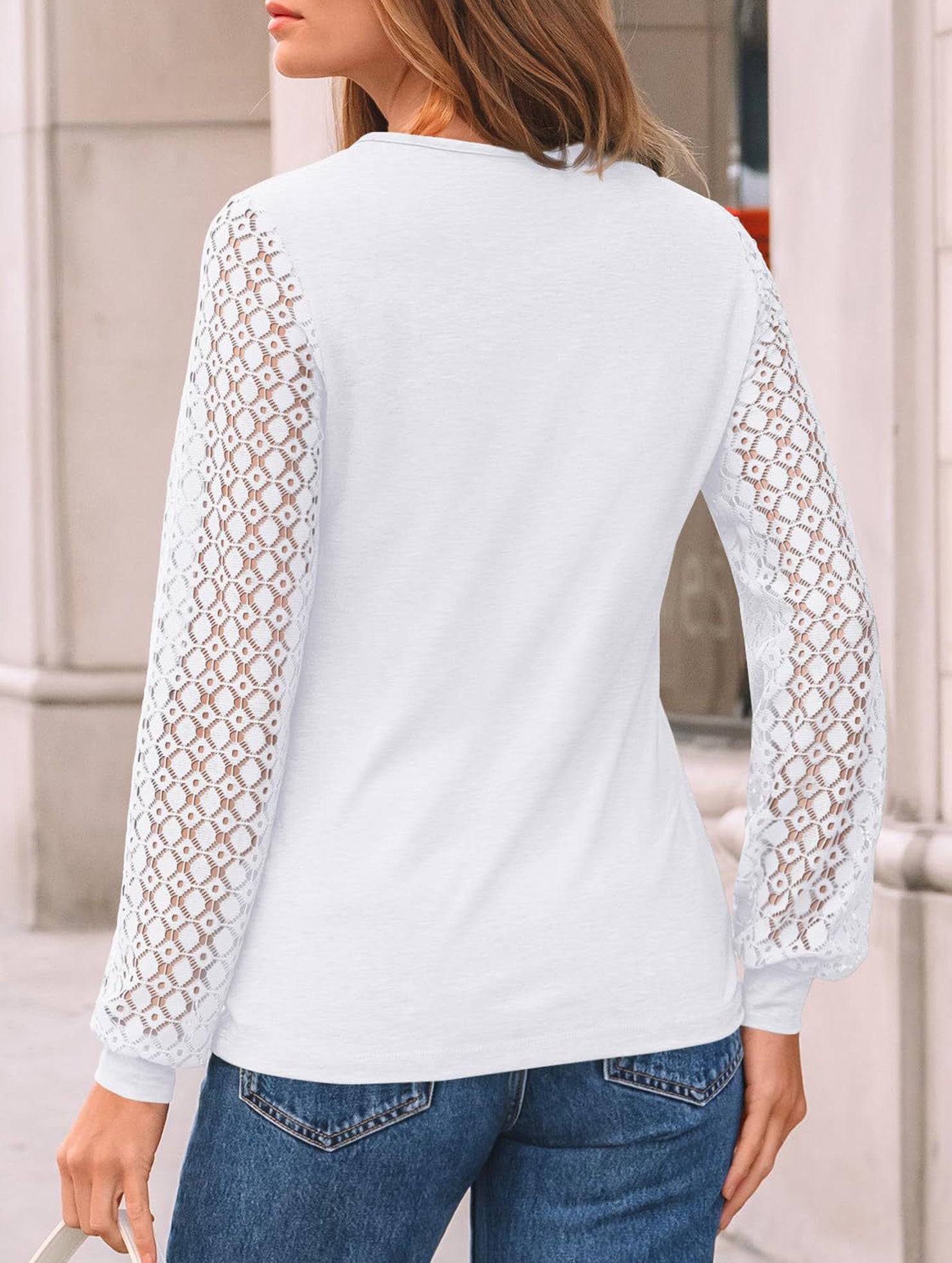 Solid color round neck patchwork hollow shirt