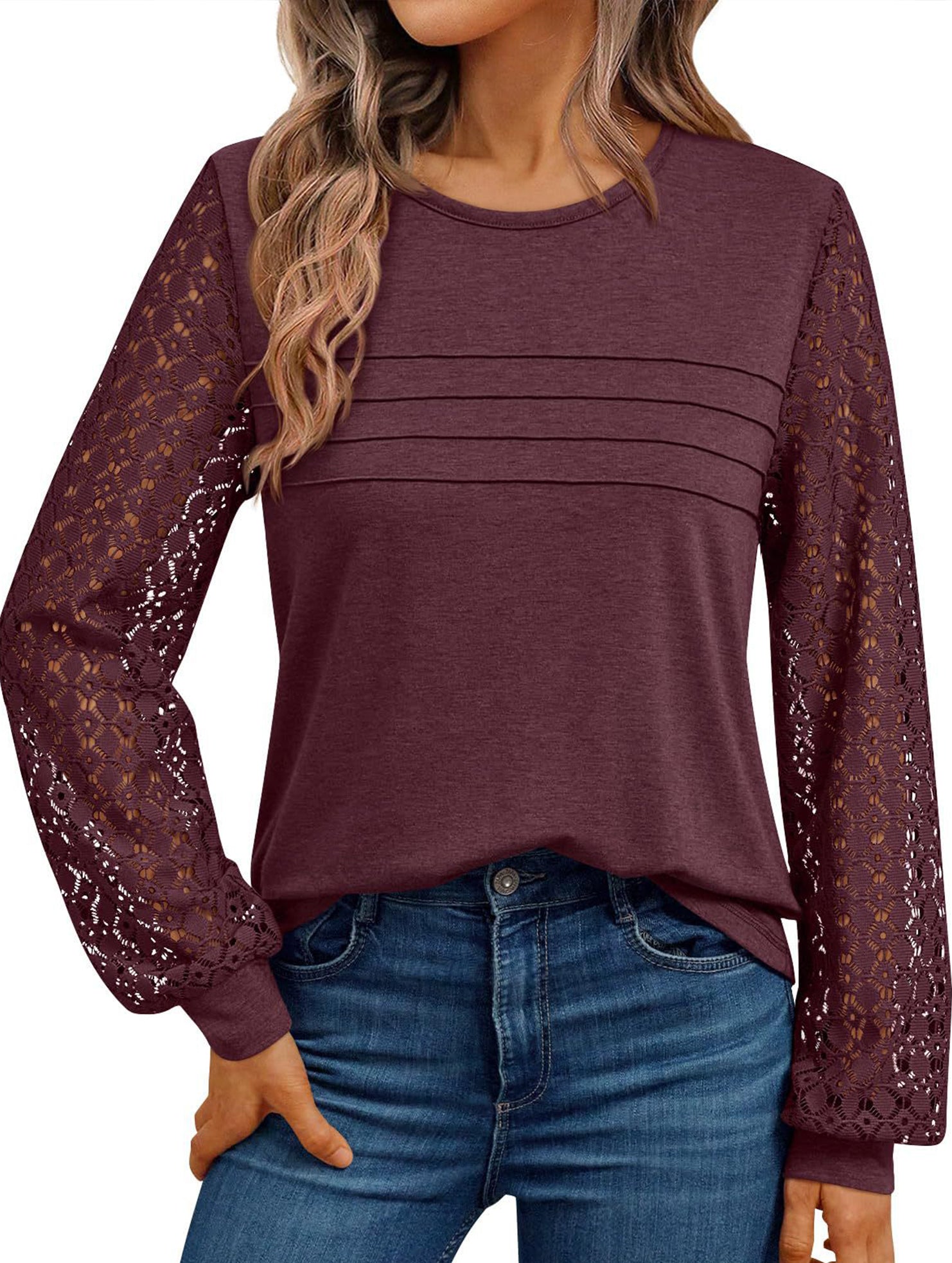 Solid color round neck patchwork hollow shirt